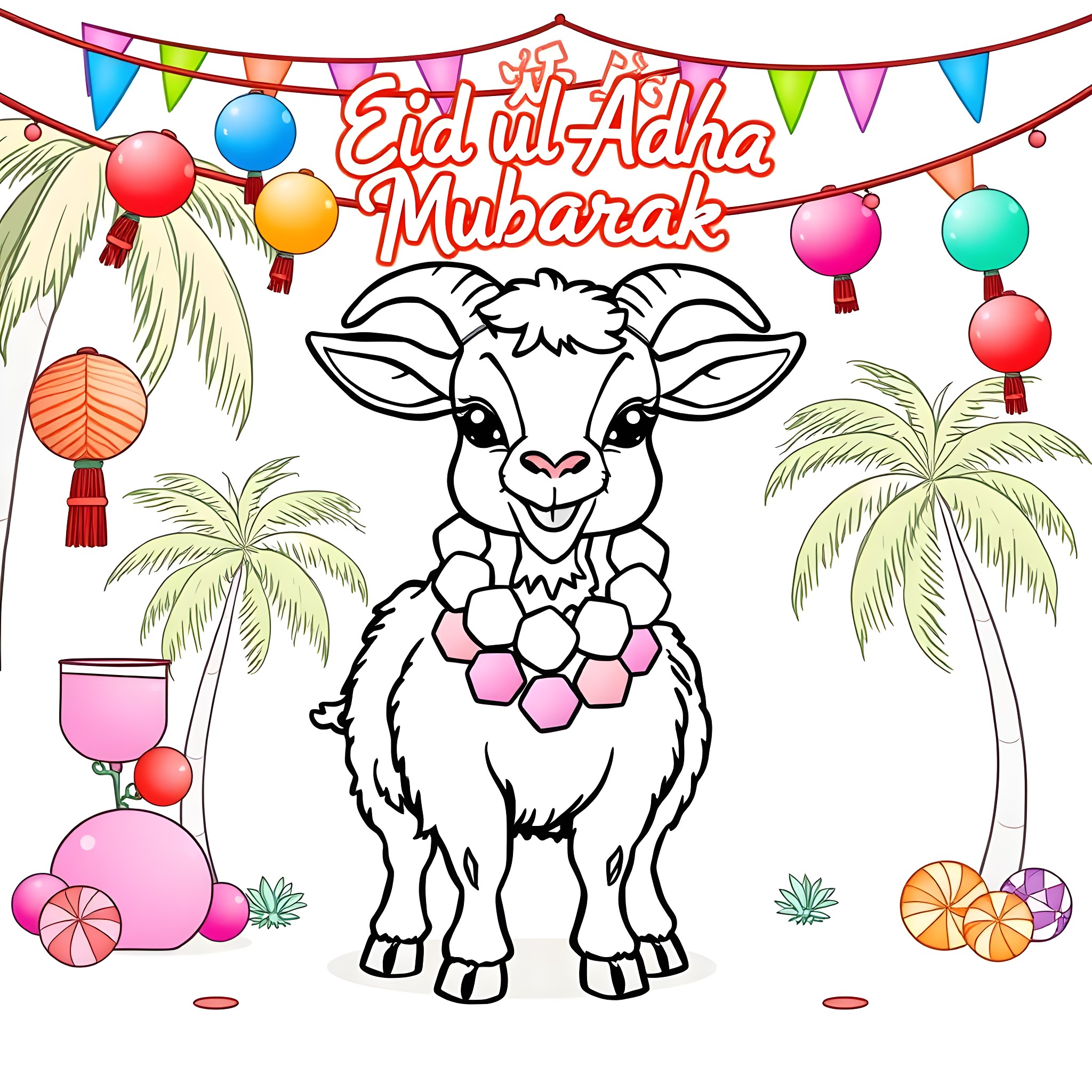 Goat celebrating Eid ul-Adha with decorations Coloring Page (free black-and-white line drawing printable PDF for all, from beginners to advanced learners, including children, teens, adults, and seniors)