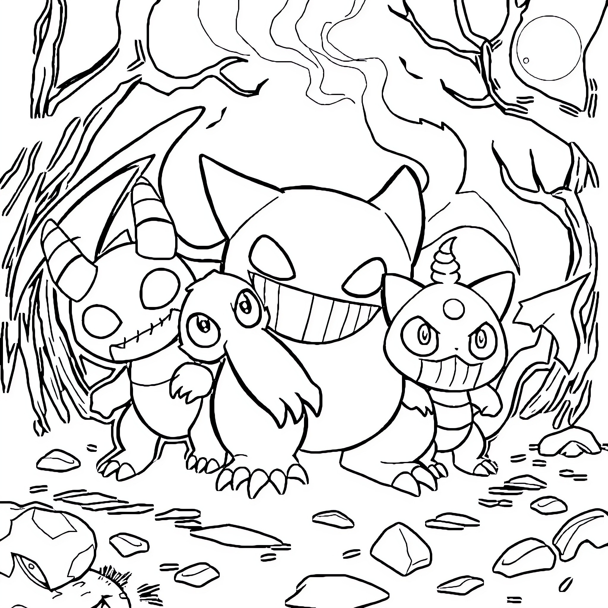 Gengar and Ghostly Companions in a Spooky Landscape Coloring Page (free black-and-white line drawing printable PDF for all, from beginners to advanced learners, including children, teens, adults, and seniors)