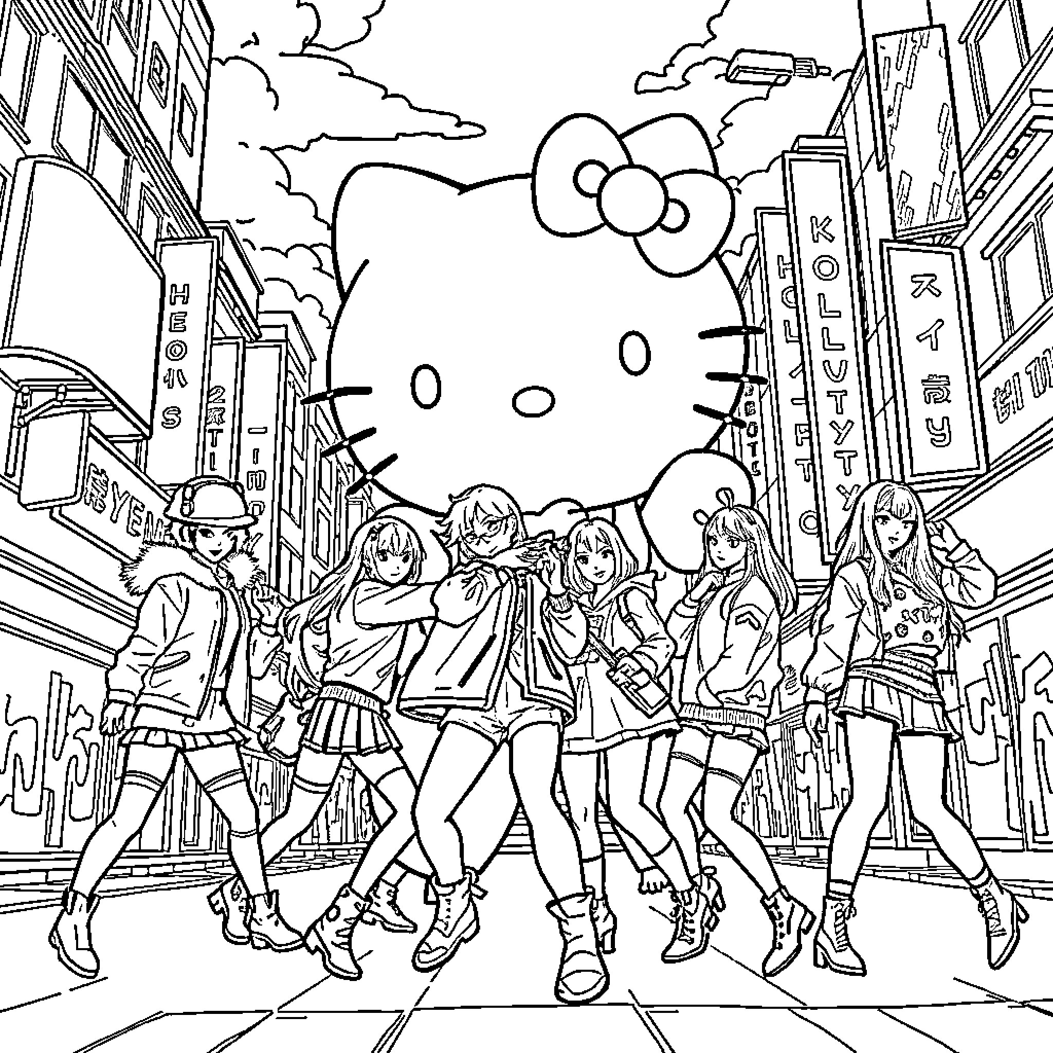 Kpop idols performing on the streets Coloring Page (free black-and-white line drawing printable PDF for all, from beginners to advanced learners, including children, teens, adults, and seniors)
