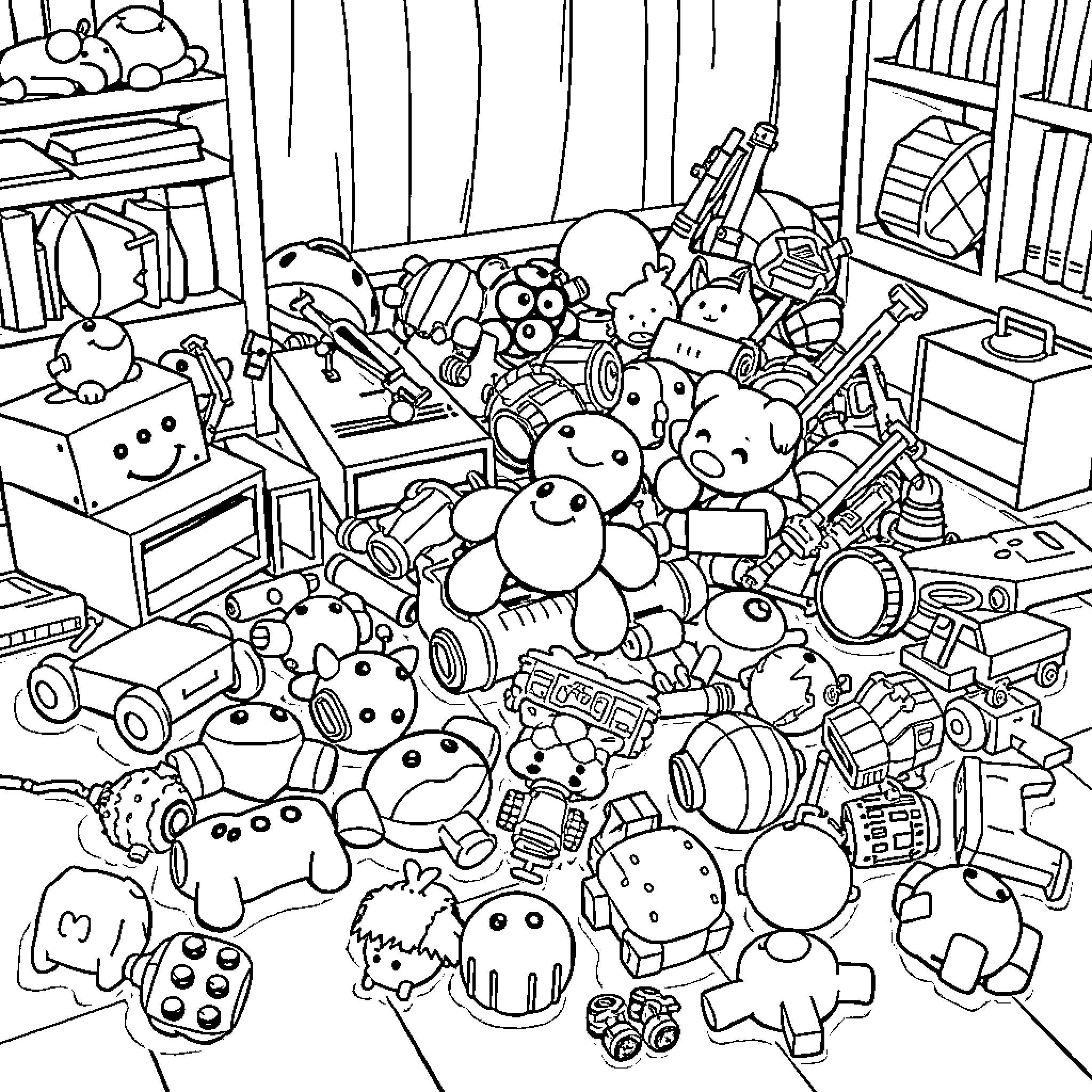 Lotso's Crowded Playroom Adventure Coloring Page (free black-and-white line drawing printable PDF for all, from beginners to advanced learners, including children, teens, adults, and seniors)