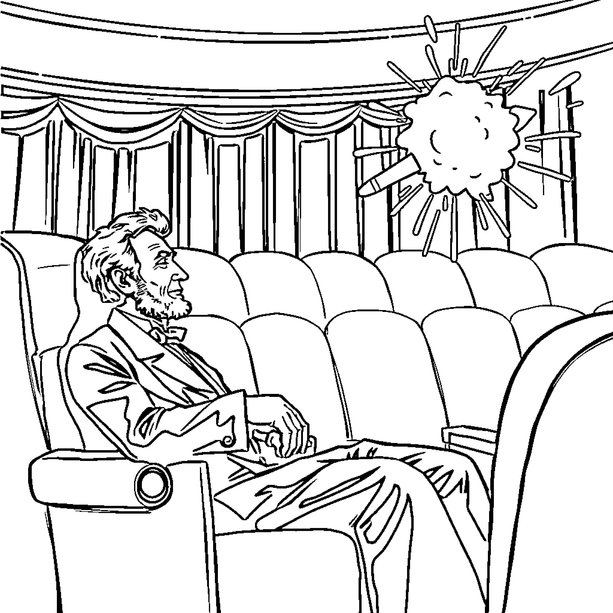 Abraham Lincoln watching a theatrical performance Coloring Page (free black-and-white line drawing printable PDF for all, from beginners to advanced learners, including children, teens, adults, and seniors)