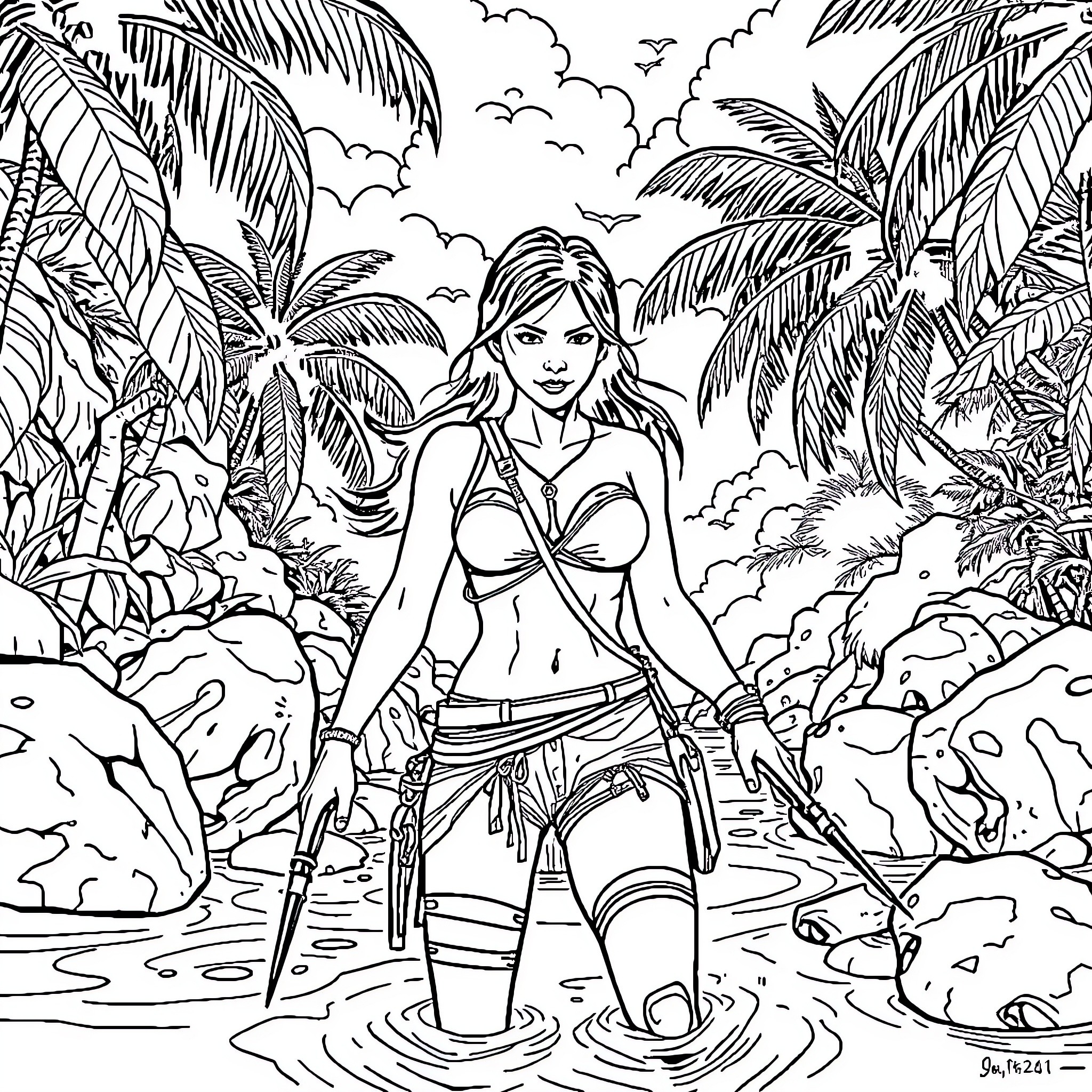 Tomb Raider Exploring Tropical Jungle Adventure Coloring Page (free black-and-white line drawing printable PDF for all, from beginners to advanced learners, including children, teens, adults, and seniors)