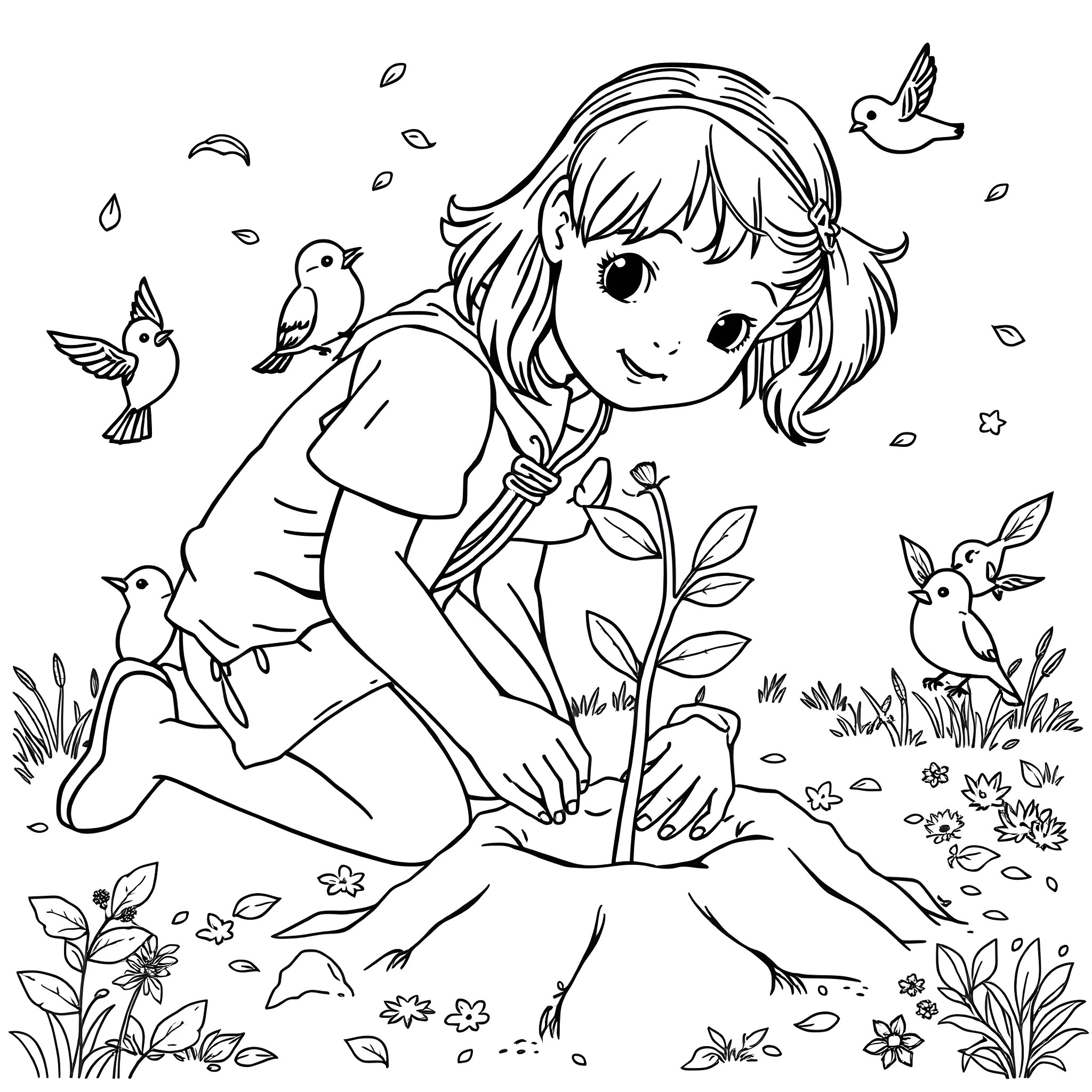 Girl Scout planting a sapling in nature Coloring Page (free black-and-white line drawing printable PDF for all, from beginners to advanced learners, including children, teens, adults, and seniors)