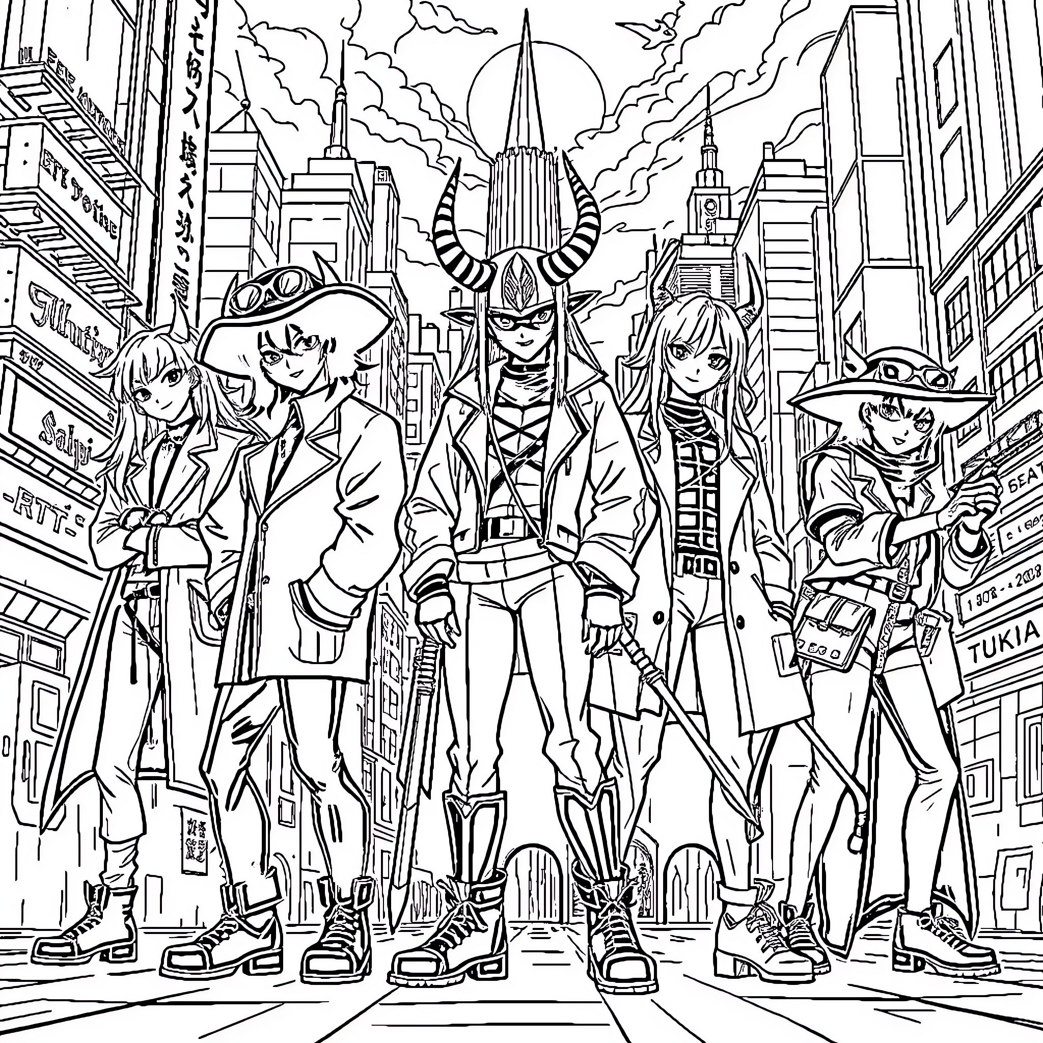 Demon Hunter Battles Against Fantastical Foes in Cityscape Coloring Page (free black-and-white line drawing printable PDF for all, from beginners to advanced learners, including children, teens, adults, and seniors)