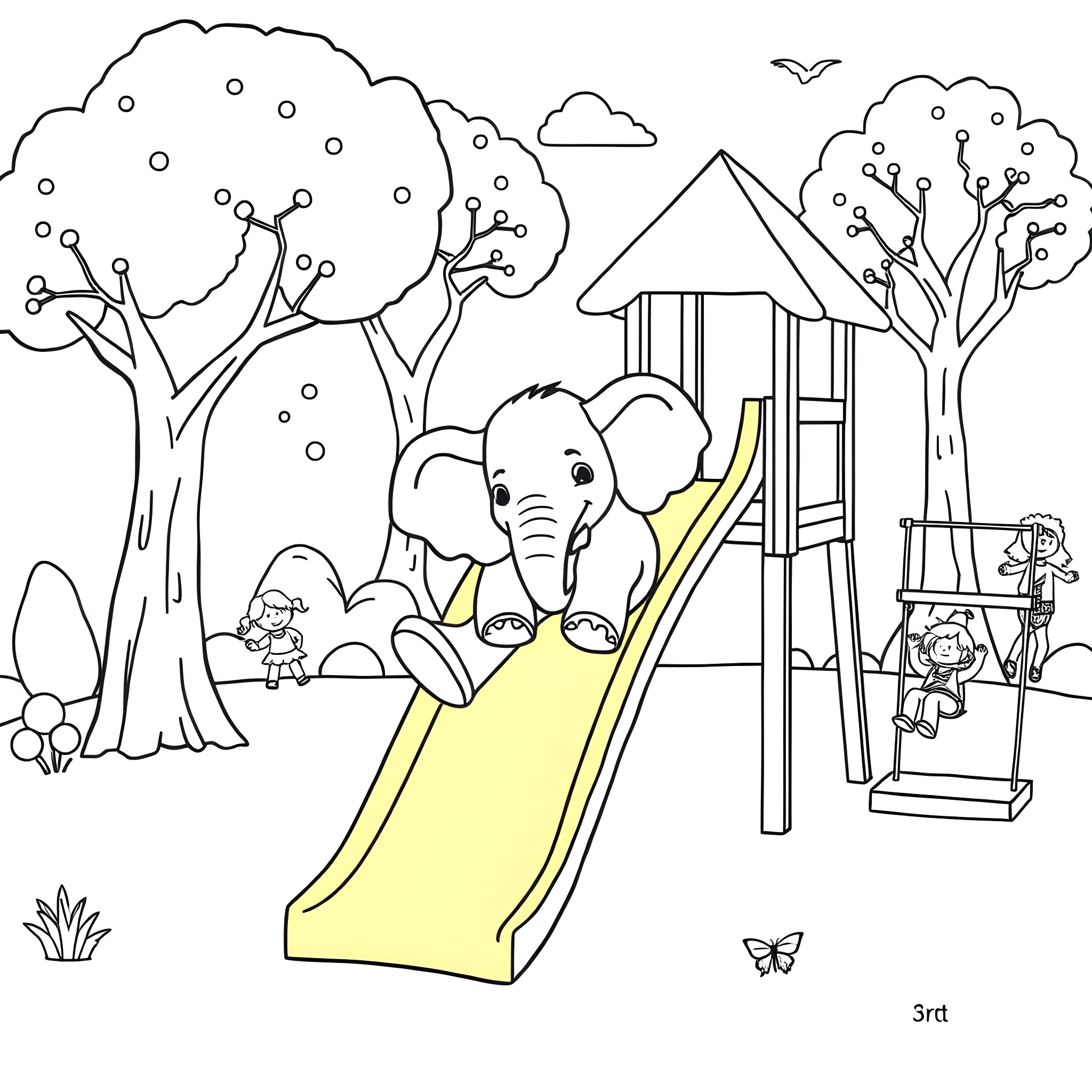 Elephant playing on a playground slide Coloring Page (free black-and-white line drawing printable PDF for all, from beginners to advanced learners, including children, teens, adults, and seniors)