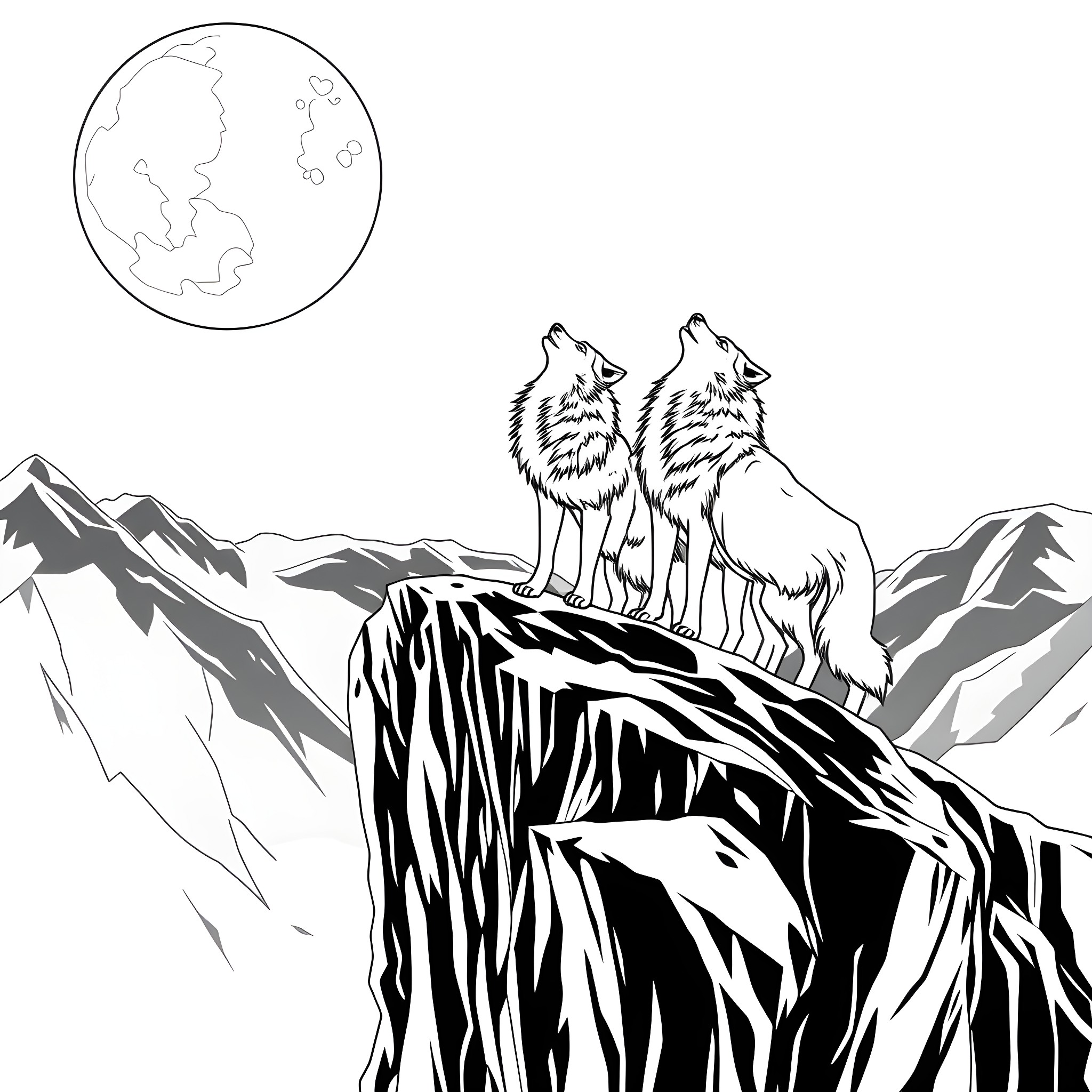 Wolf duo howling at the moon atop a rocky cliff Coloring Page (free black-and-white line drawing printable PDF for all, from beginners to advanced learners, including children, teens, adults, and seniors)
