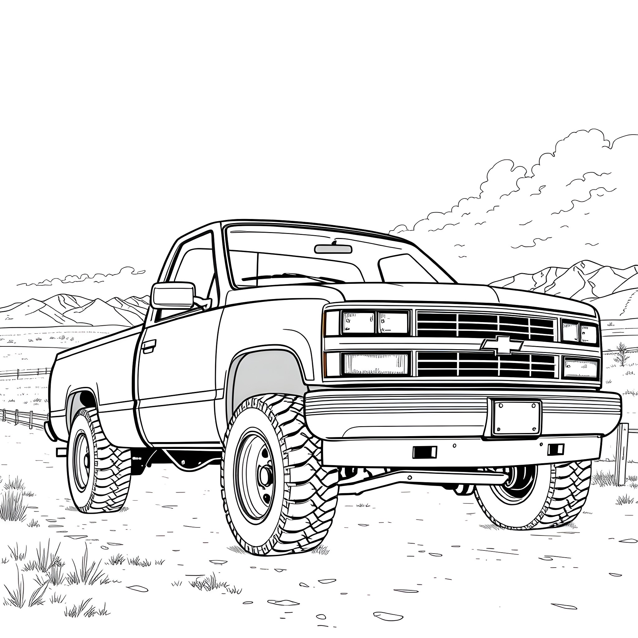 Chevy pickup truck off-roading in the mountains Coloring Page (free black-and-white line drawing printable PDF for all, from beginners to advanced learners, including children, teens, adults, and seniors)