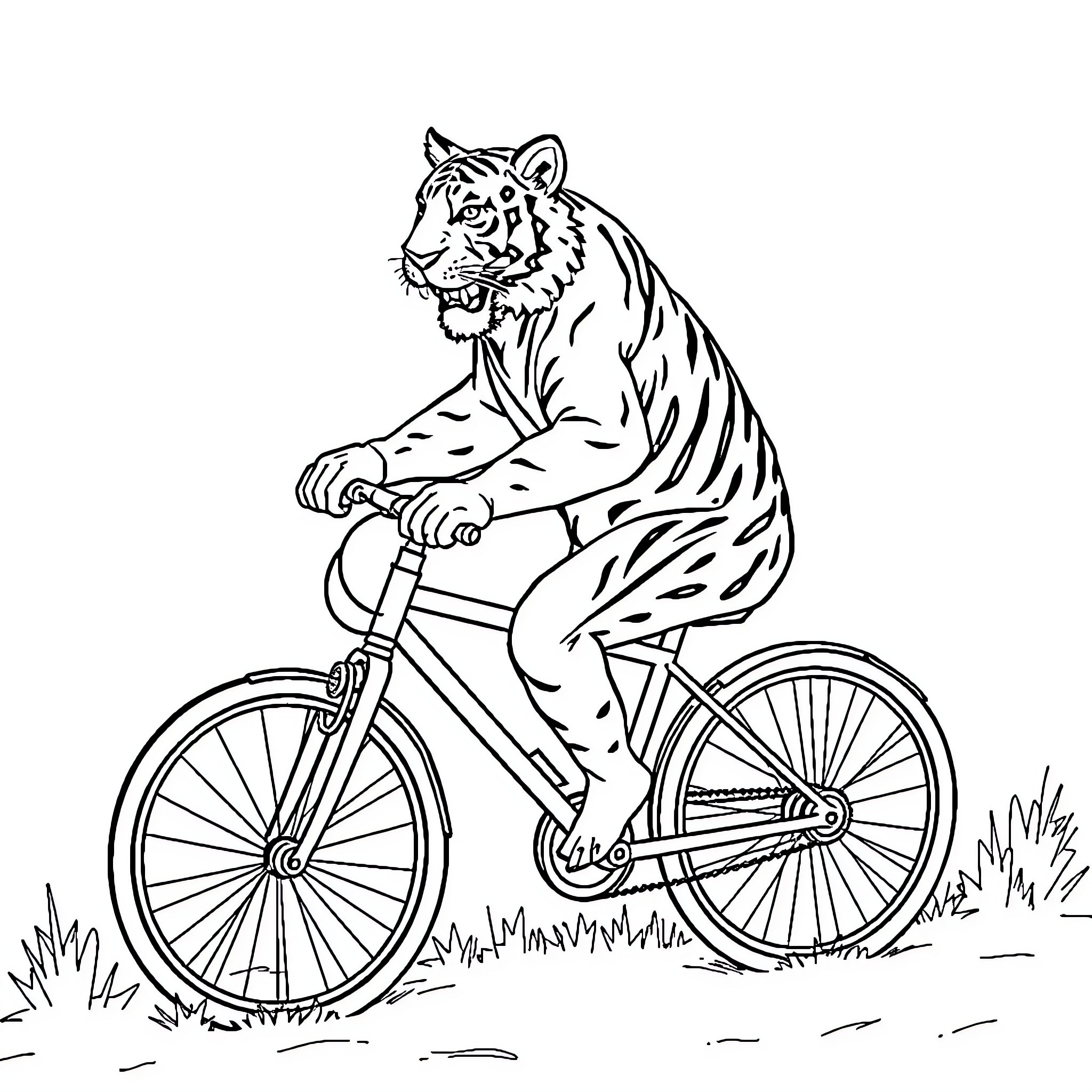 Tiger riding a bicycle in the park Coloring Page (free black-and-white line drawing printable PDF for all, from beginners to advanced learners, including children, teens, adults, and seniors)