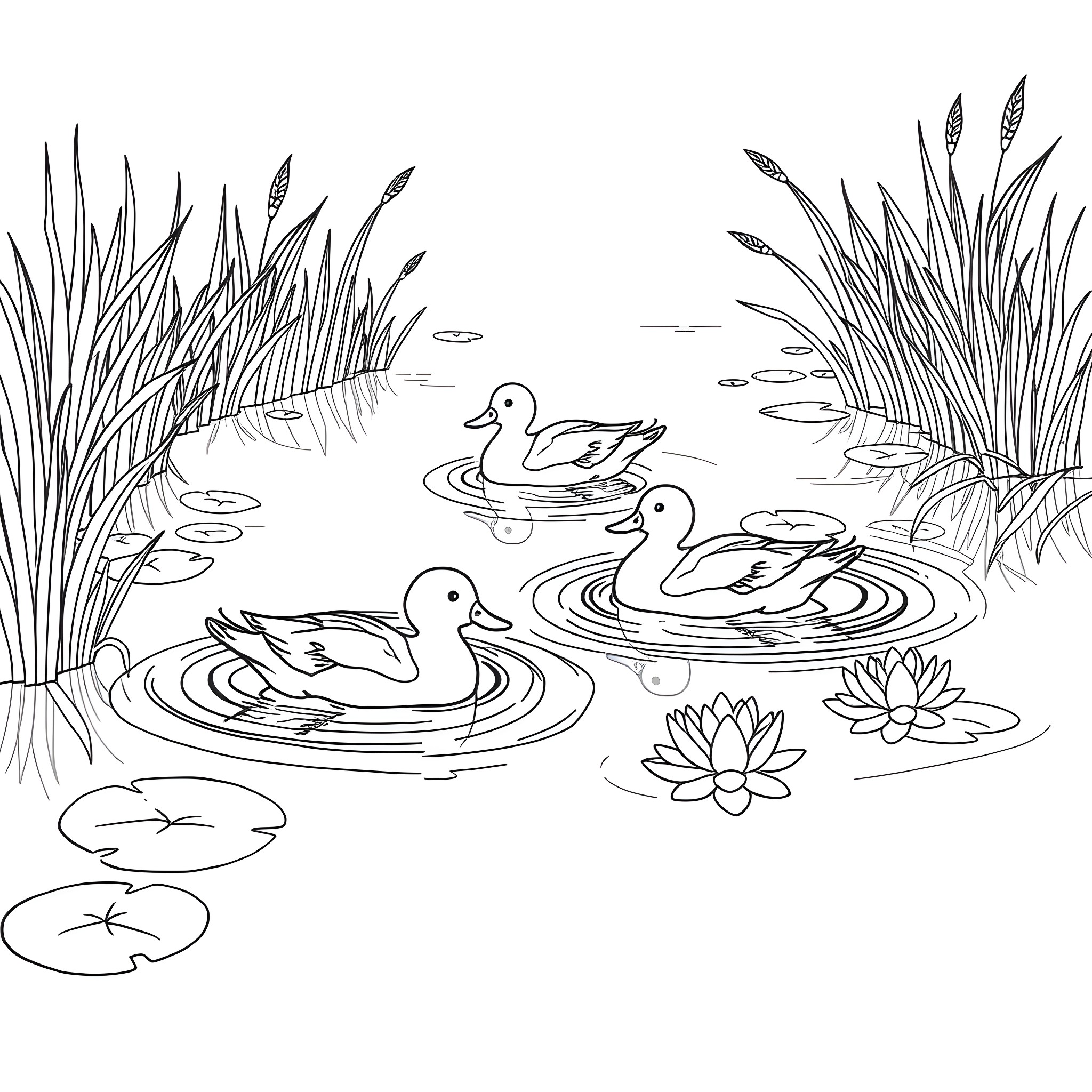 Duck Family Swimming in Pond Coloring Page (free black-and-white line drawing printable PDF for all, from beginners to advanced learners, including children, teens, adults, and seniors)