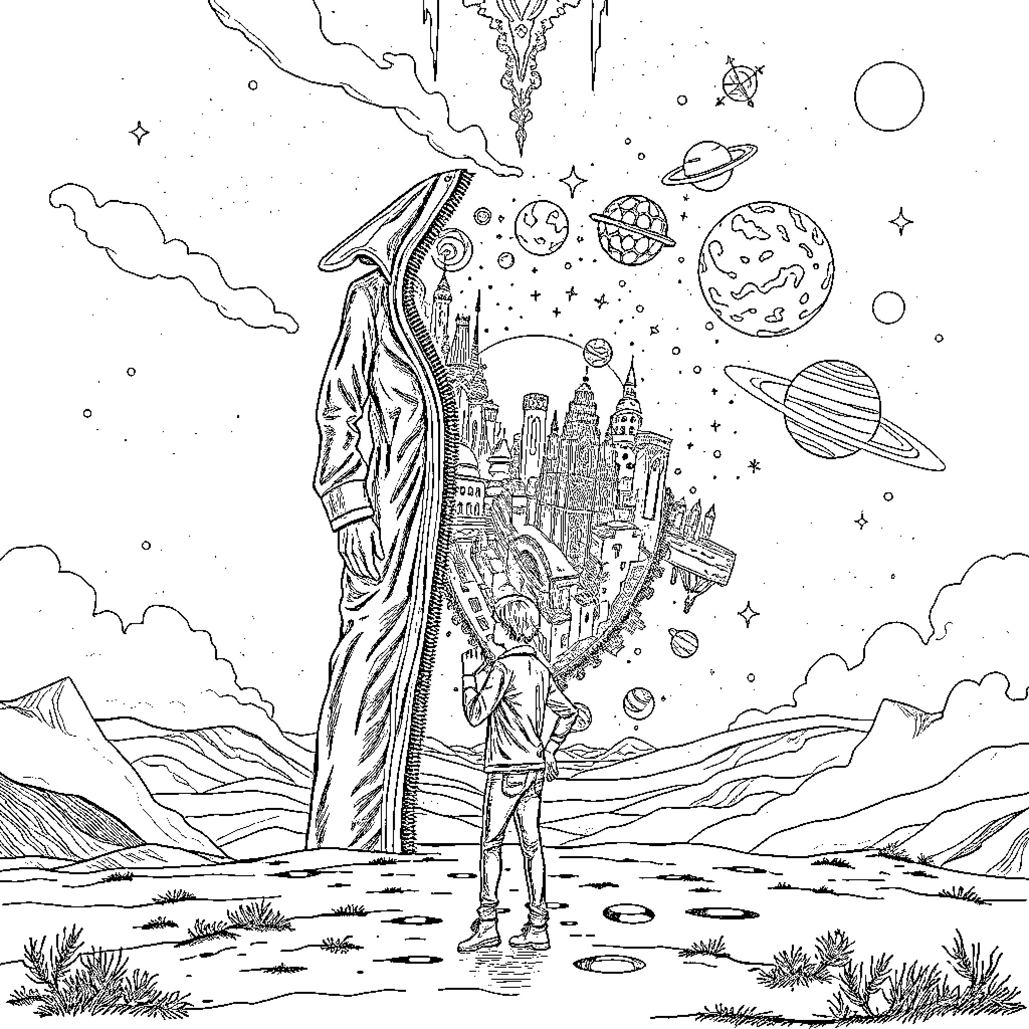 Person in surreal landscape with cosmic elements Coloring Page (free black-and-white line drawing printable PDF for all, from beginners to advanced learners, including children, teens, adults, and seniors)