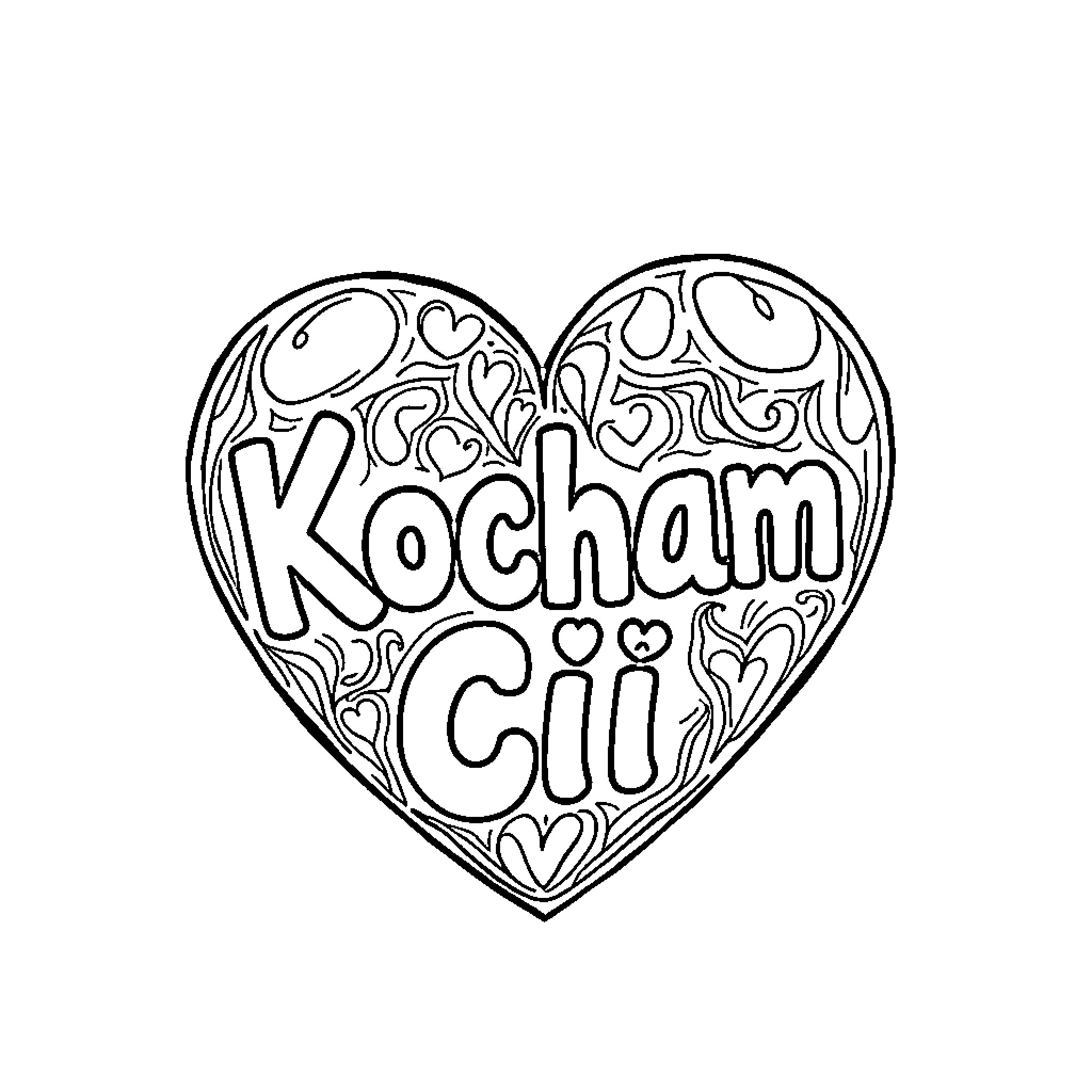 Heart-shaped Doodle with Kocham Cie Coloring Page (free black-and-white line drawing printable PDF for all, from beginners to advanced learners, including children, teens, adults, and seniors)