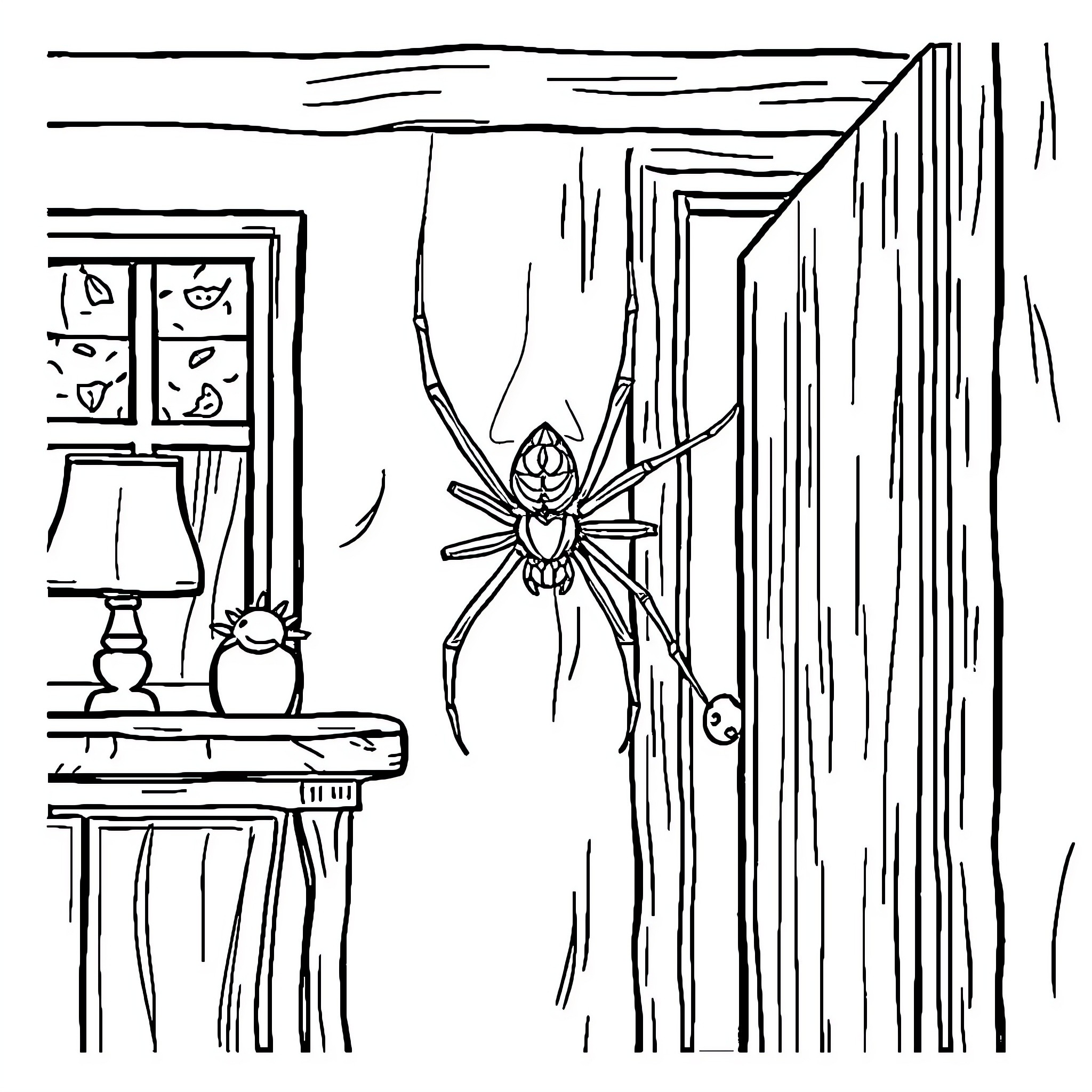 Spider lurking in the corner of a cozy room Coloring Page (free black-and-white line drawing printable PDF for all, from beginners to advanced learners, including children, teens, adults, and seniors)
