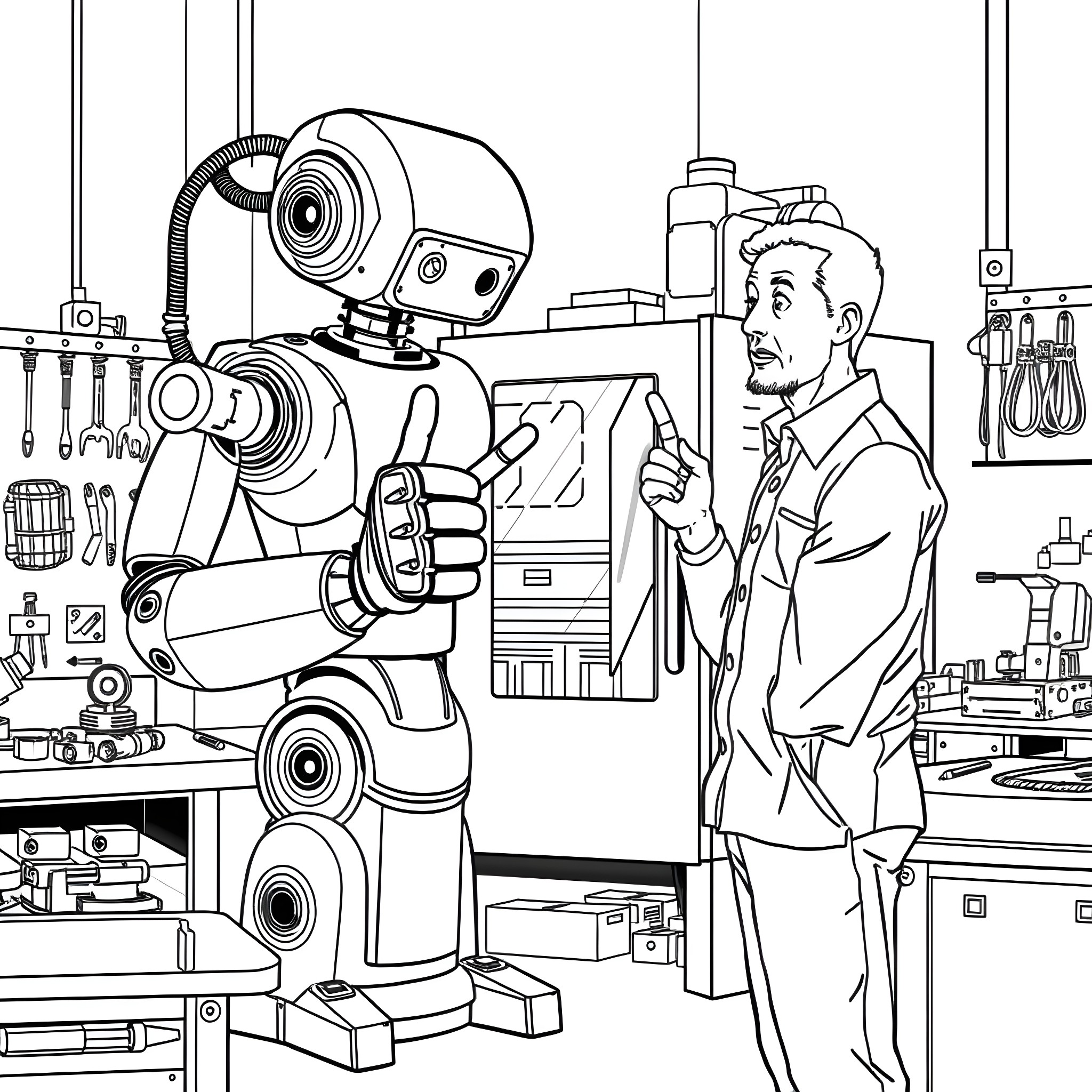 Robot technician assisting with mechanical equipment Coloring Page (free black-and-white line drawing printable PDF for all, from beginners to advanced learners, including children, teens, adults, and seniors)