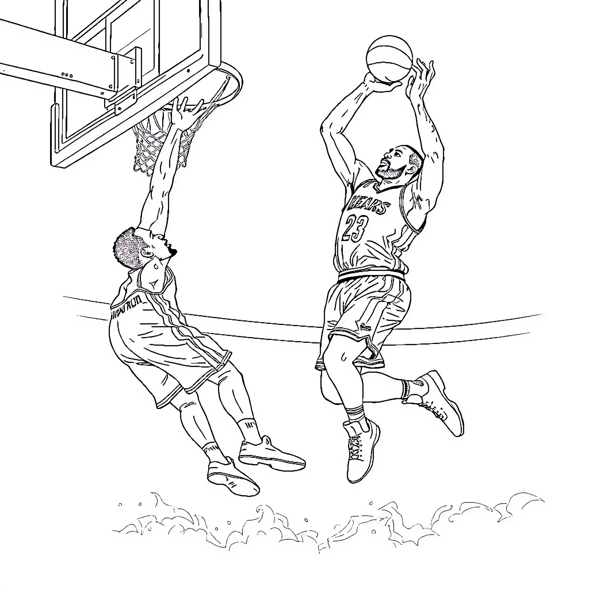 Dwyane Wade - Basketball players in mid-air action Coloring Page (free black-and-white line drawing printable PDF for all, from beginners to advanced learners, including children, teens, adults, and seniors)