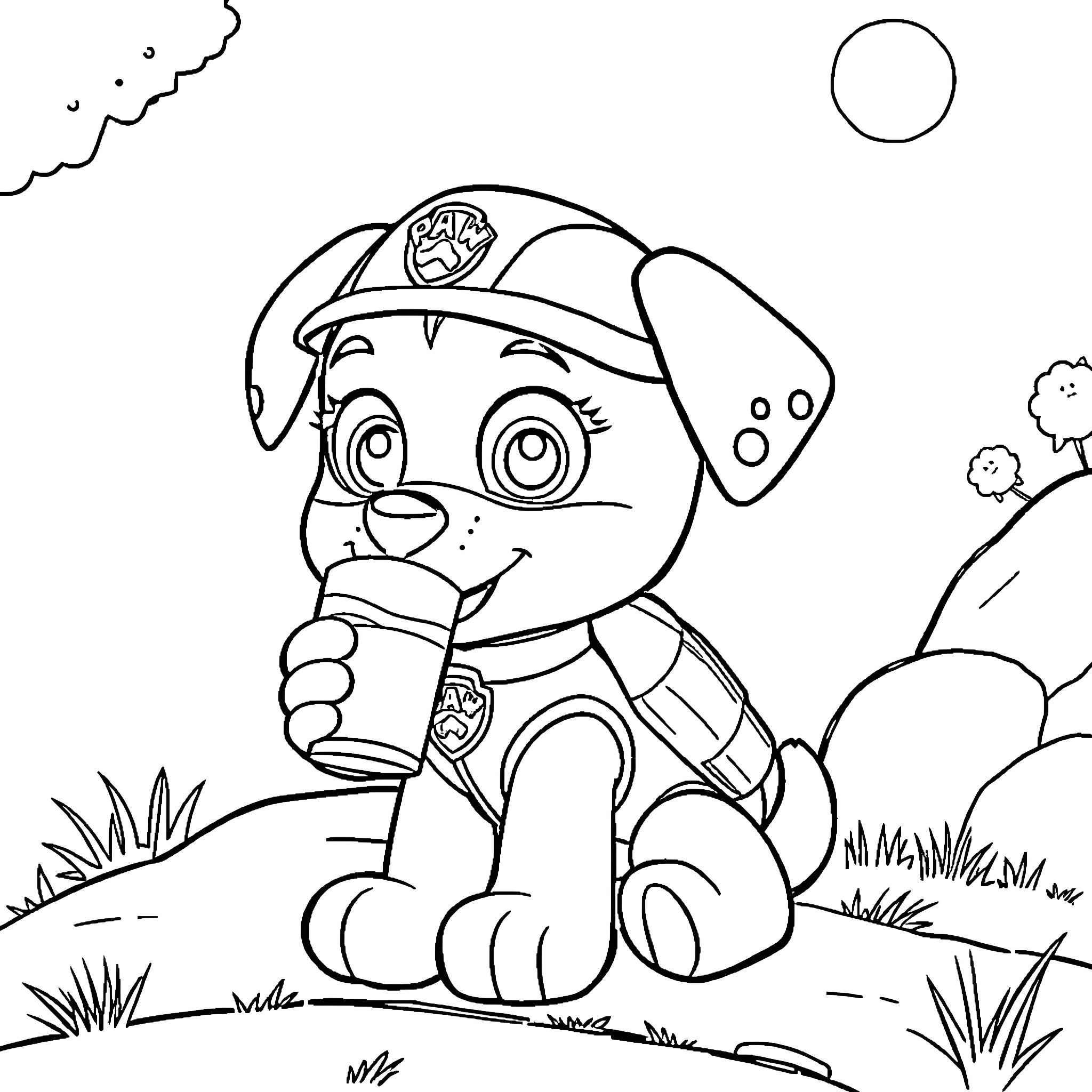 Skye's adventure in nature Coloring Page (free black-and-white line drawing printable PDF for all, from beginners to advanced learners, including children, teens, adults, and seniors)