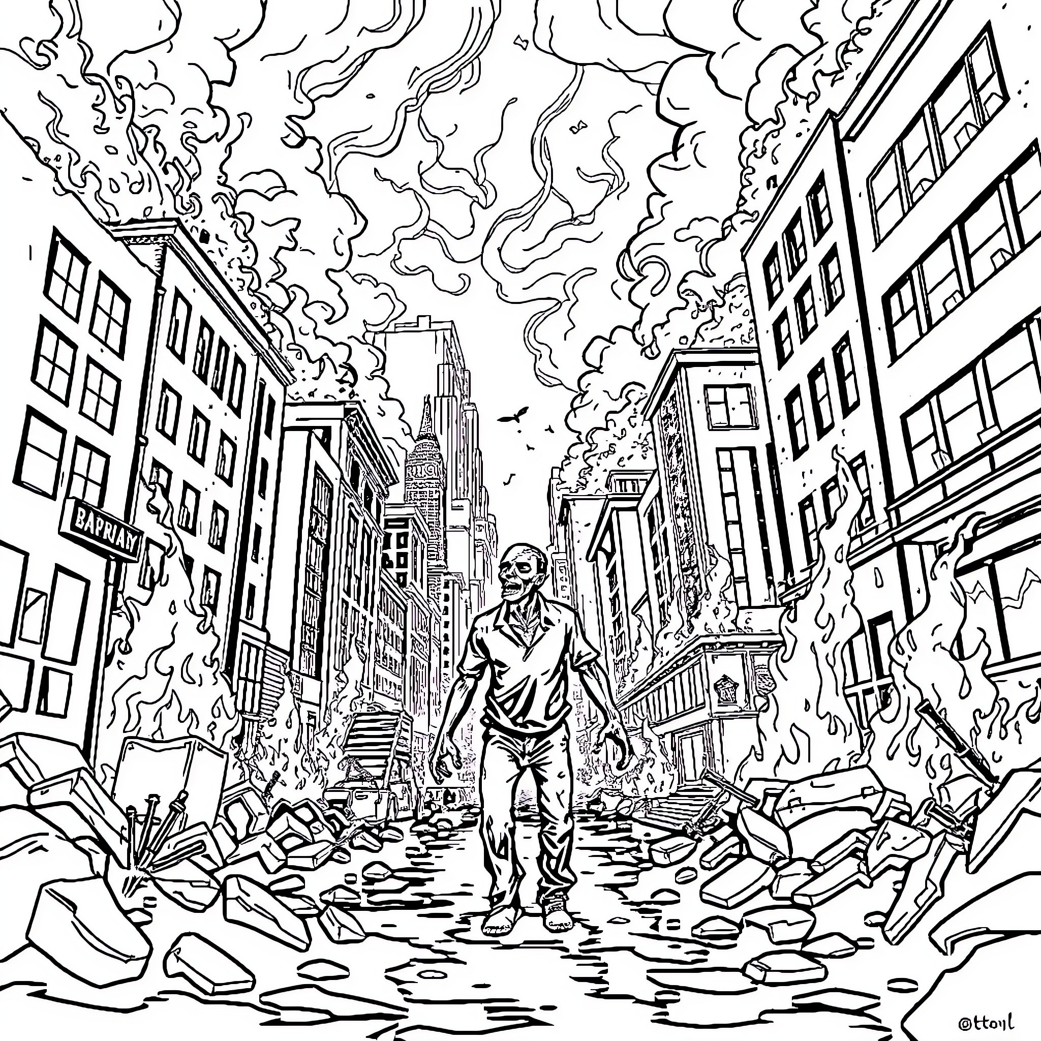 Zombie Roaming the Devastated City Streets Coloring Page (free black-and-white line drawing printable PDF for all, from beginners to advanced learners, including children, teens, adults, and seniors)