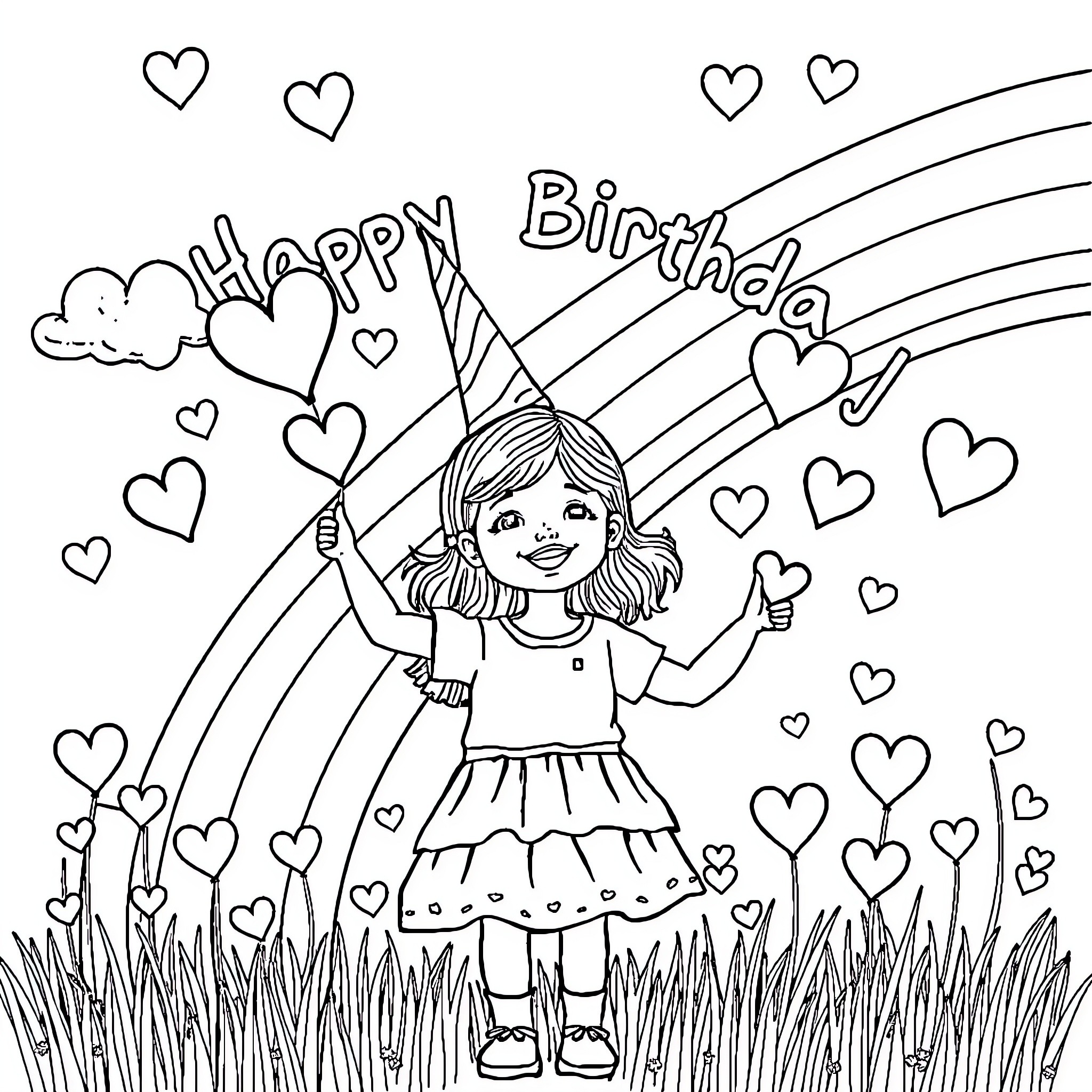 Girl celebrating a happy birthday with rainbows and hearts Coloring Page (free black-and-white line drawing printable PDF for all, from beginners to advanced learners, including children, teens, adults, and seniors)