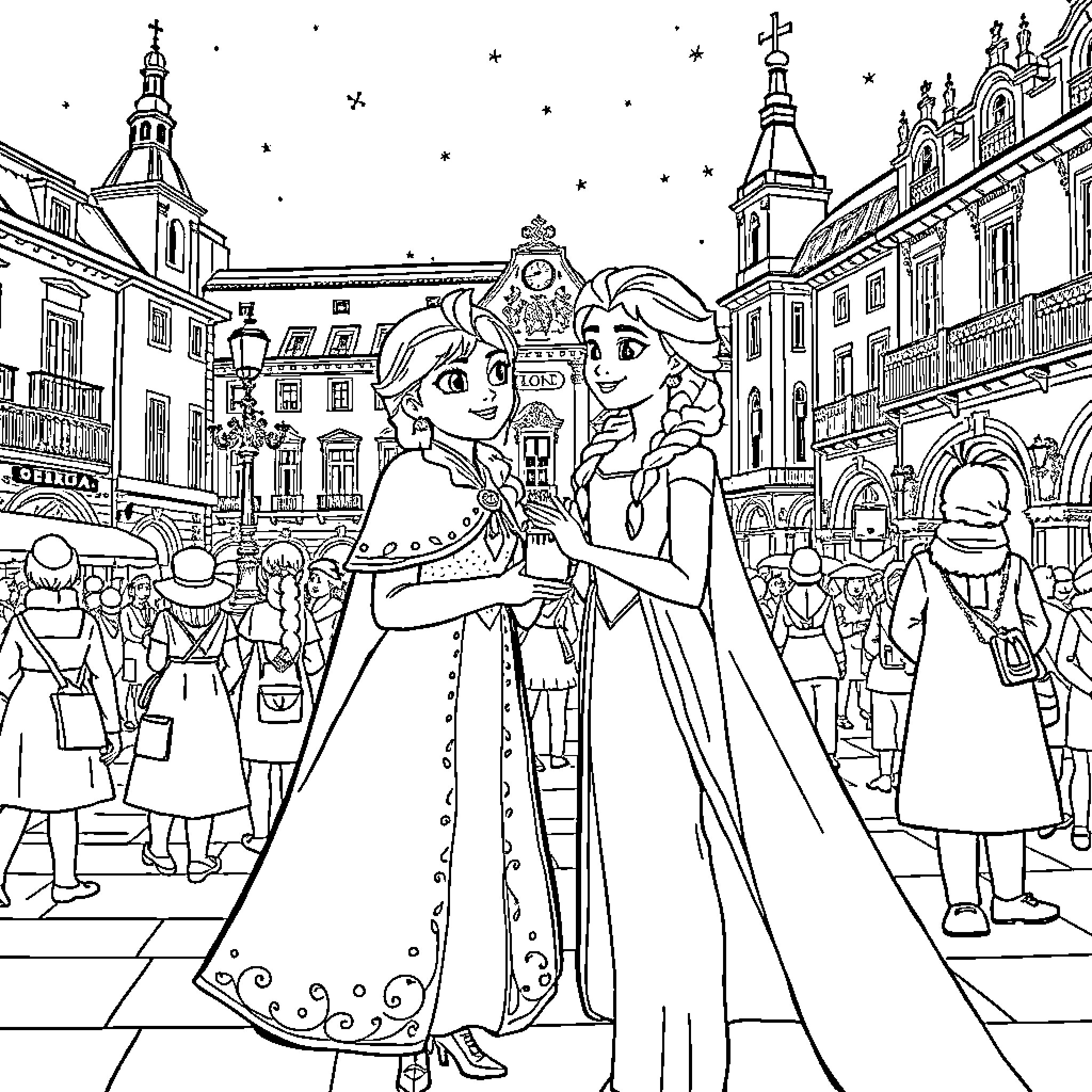 Elsa and Anna Celebrating in a Festive Town Square Coloring Page (free black-and-white line drawing printable PDF for all, from beginners to advanced learners, including children, teens, adults, and seniors)