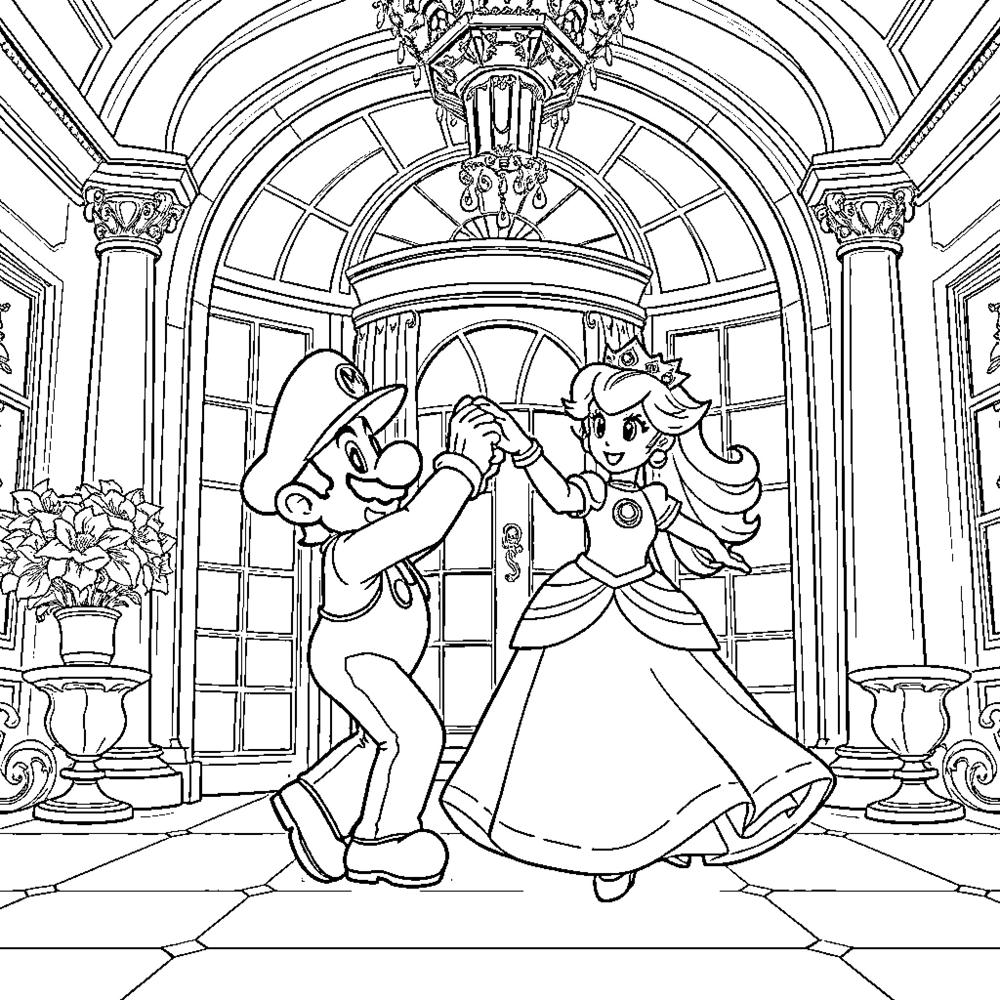 Mario and Princess Ballroom Dance in Elegant Palace Coloring Page (free black-and-white line drawing printable PDF for all, from beginners to advanced learners, including children, teens, adults, and seniors)