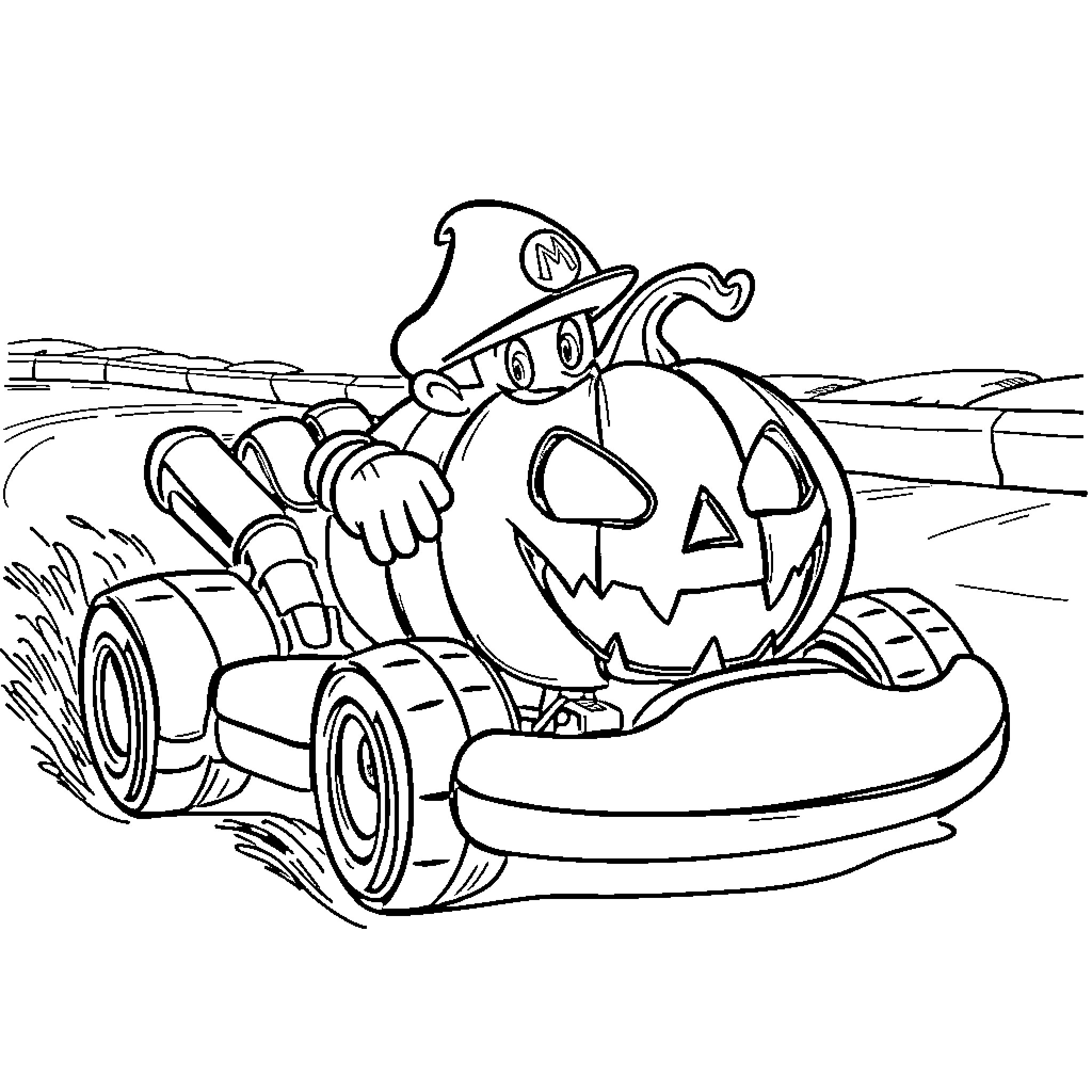 Pumpkin driving a go-kart on a scenic road Coloring Page (free black-and-white line drawing printable PDF for all, from beginners to advanced learners, including children, teens, adults, and seniors)