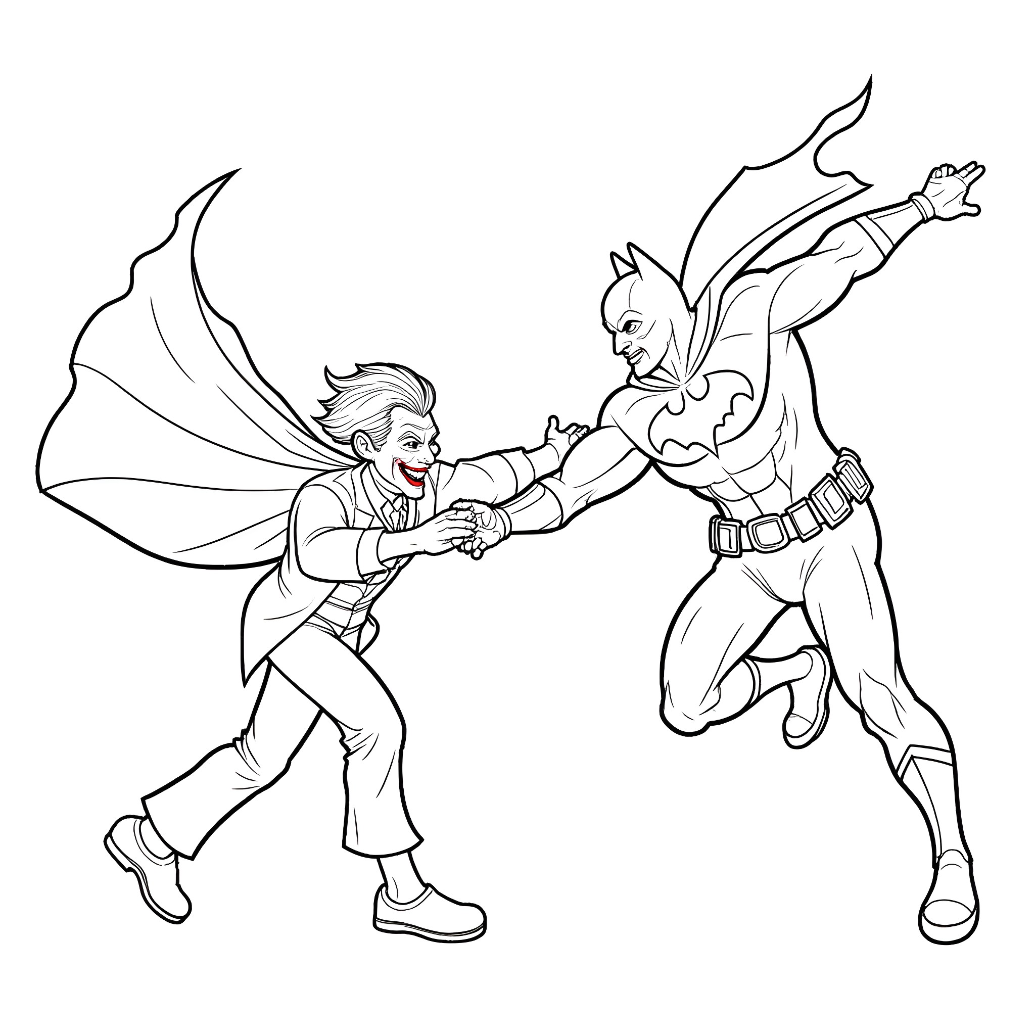 Batman and the Joker in Animated Battle Coloring Page (free black-and-white line drawing printable PDF for all, from beginners to advanced learners, including children, teens, adults, and seniors)