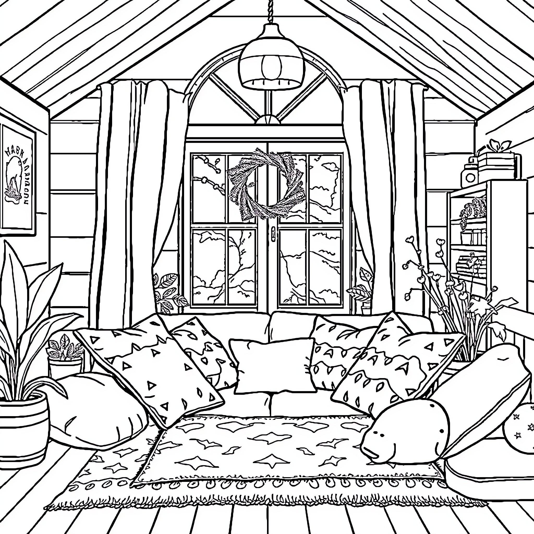 Home Cozy Interior with Decorative Furnishings Coloring Page (free black-and-white line drawing printable PDF for all, from beginners to advanced learners, including children, teens, adults, and seniors)