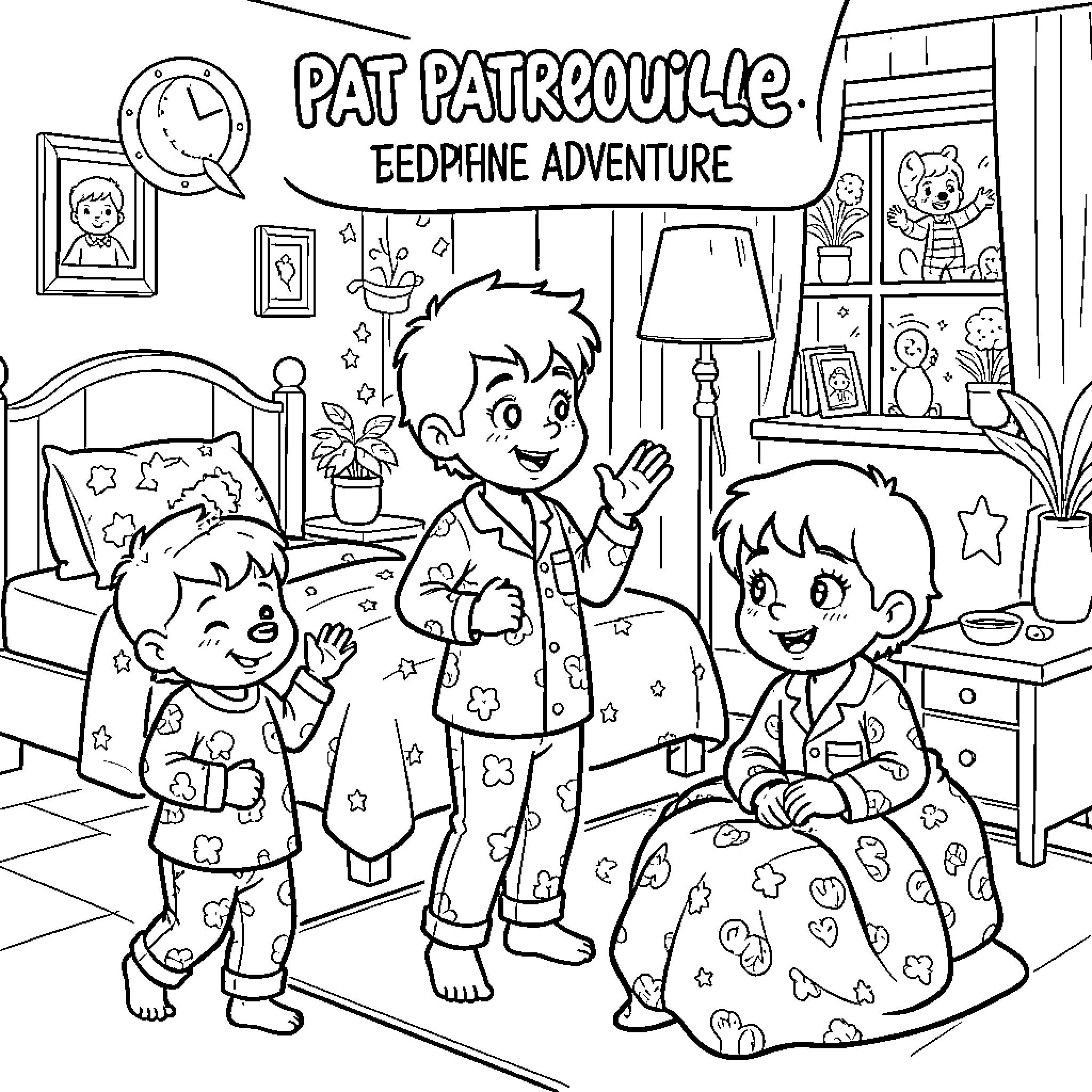 Patrouille of children in pajamas playing in a bedroom Coloring Page (free black-and-white line drawing printable PDF for all, from beginners to advanced learners, including children, teens, adults, and seniors)