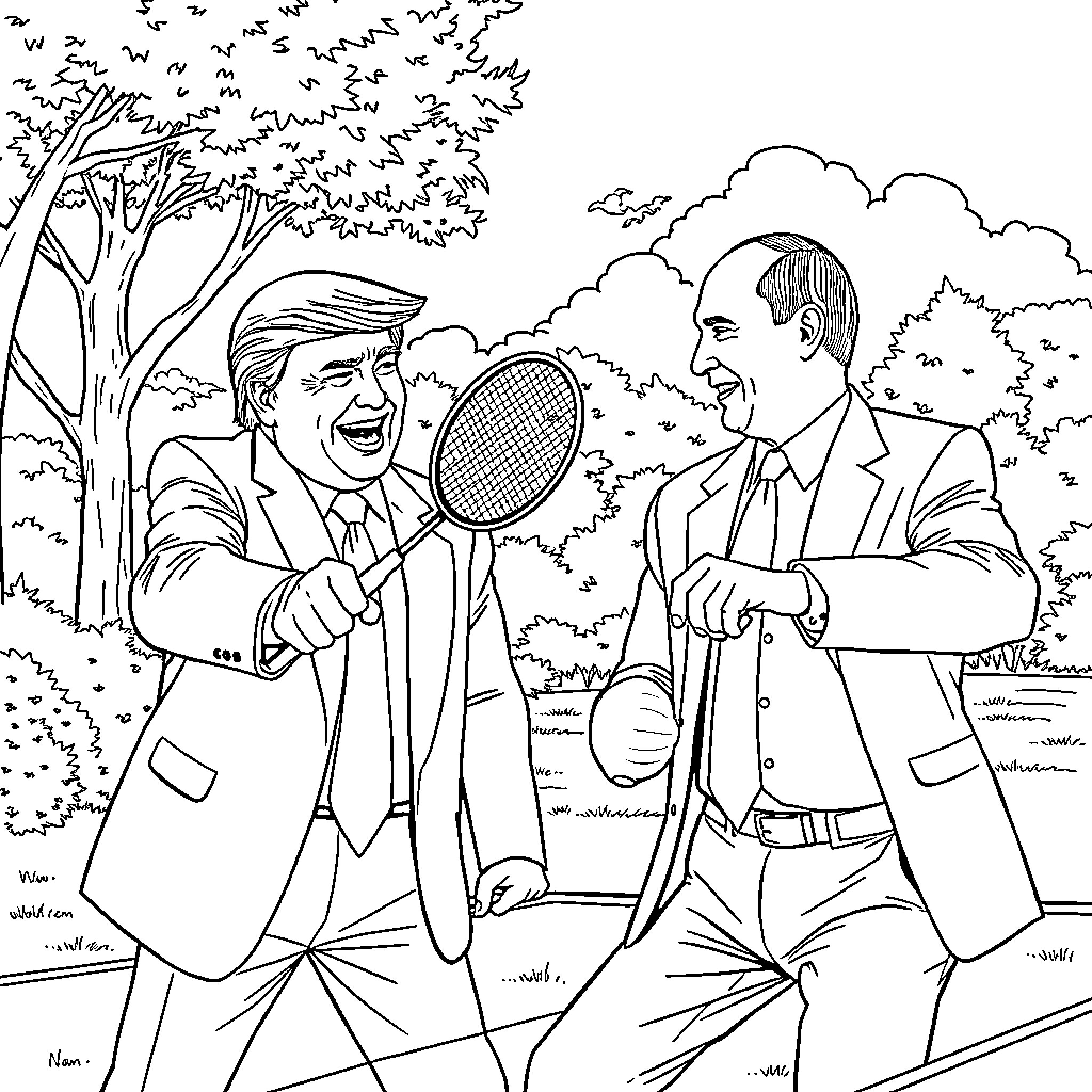 Trump and his political rival playing tennis in the park Coloring Page (free black-and-white line drawing printable PDF for all, from beginners to advanced learners, including children, teens, adults, and seniors)