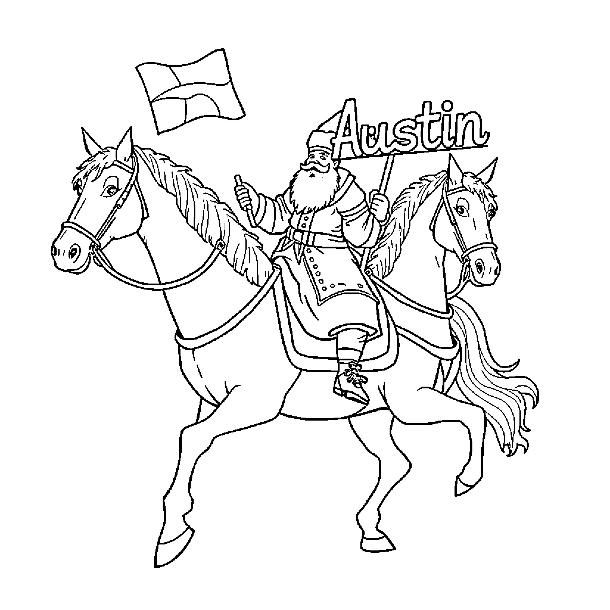 Sinterklaas riding on horseback with flag Coloring Page (free black-and-white line drawing printable PDF for all, from beginners to advanced learners, including children, teens, adults, and seniors)