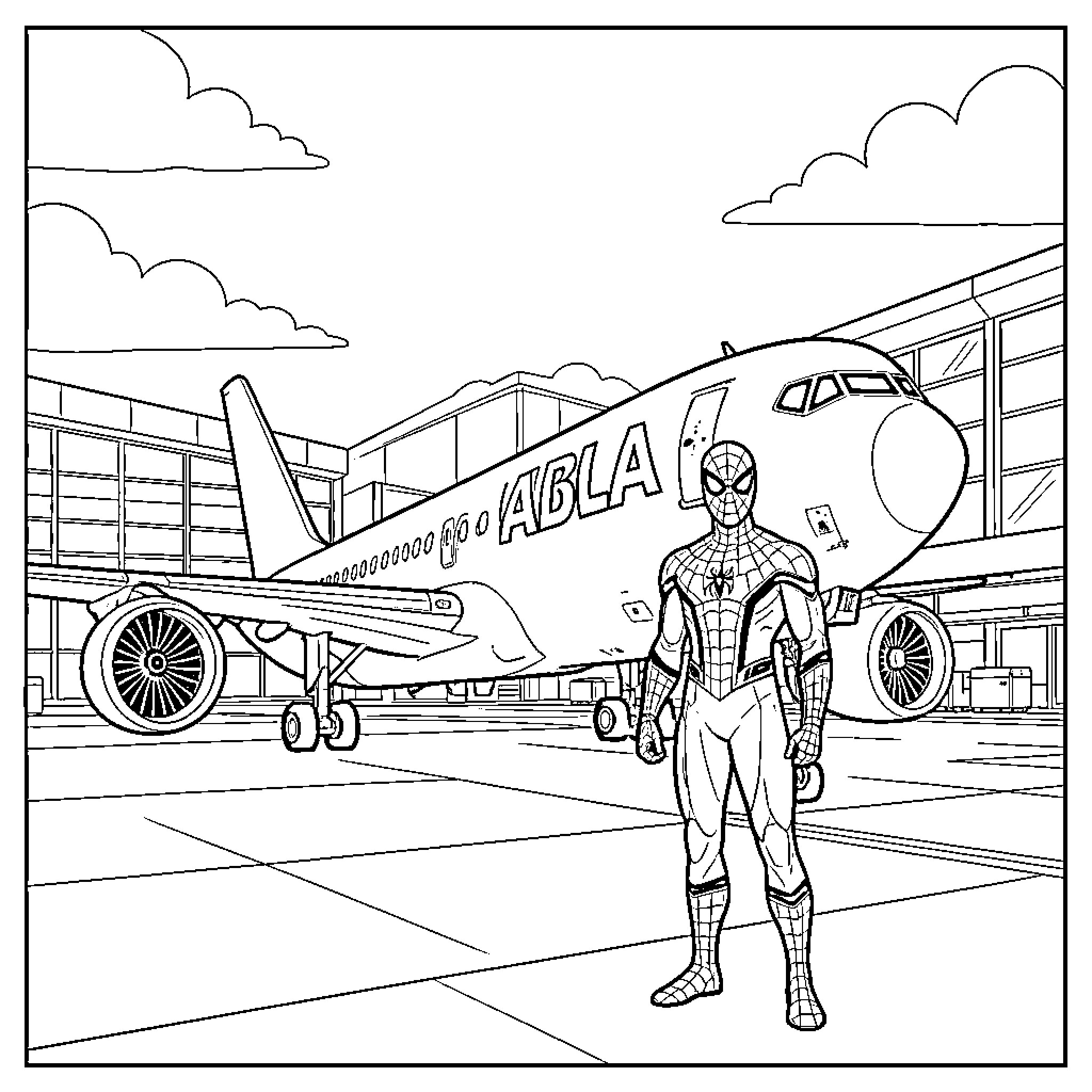 Spiderman standing heroically in front of a large airplane Coloring Page (free black-and-white line drawing printable PDF for all, from beginners to advanced learners, including children, teens, adults, and seniors)