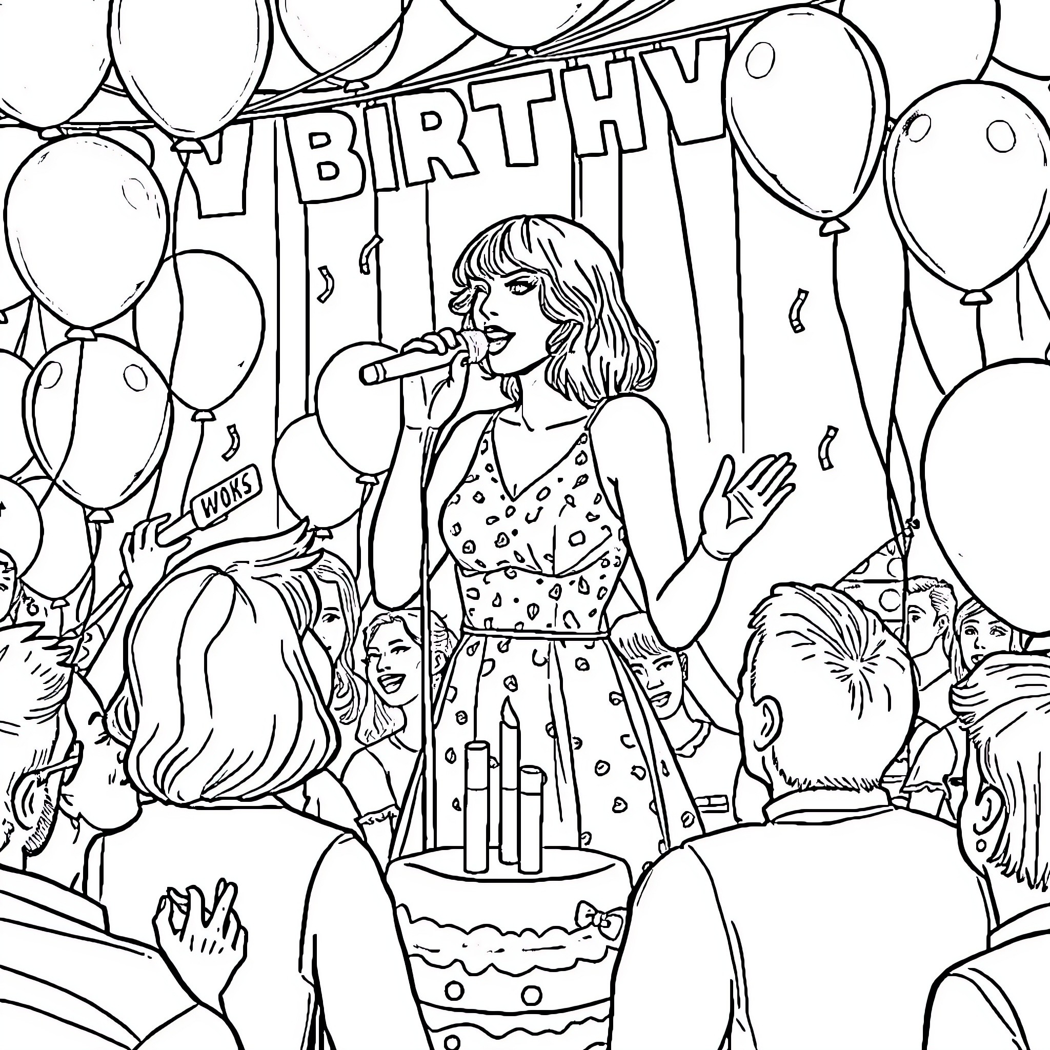 Taylor Swift Performing on Stage at a Birthday Celebration Coloring Page (free black-and-white line drawing printable PDF for all, from beginners to advanced learners, including children, teens, adults, and seniors)