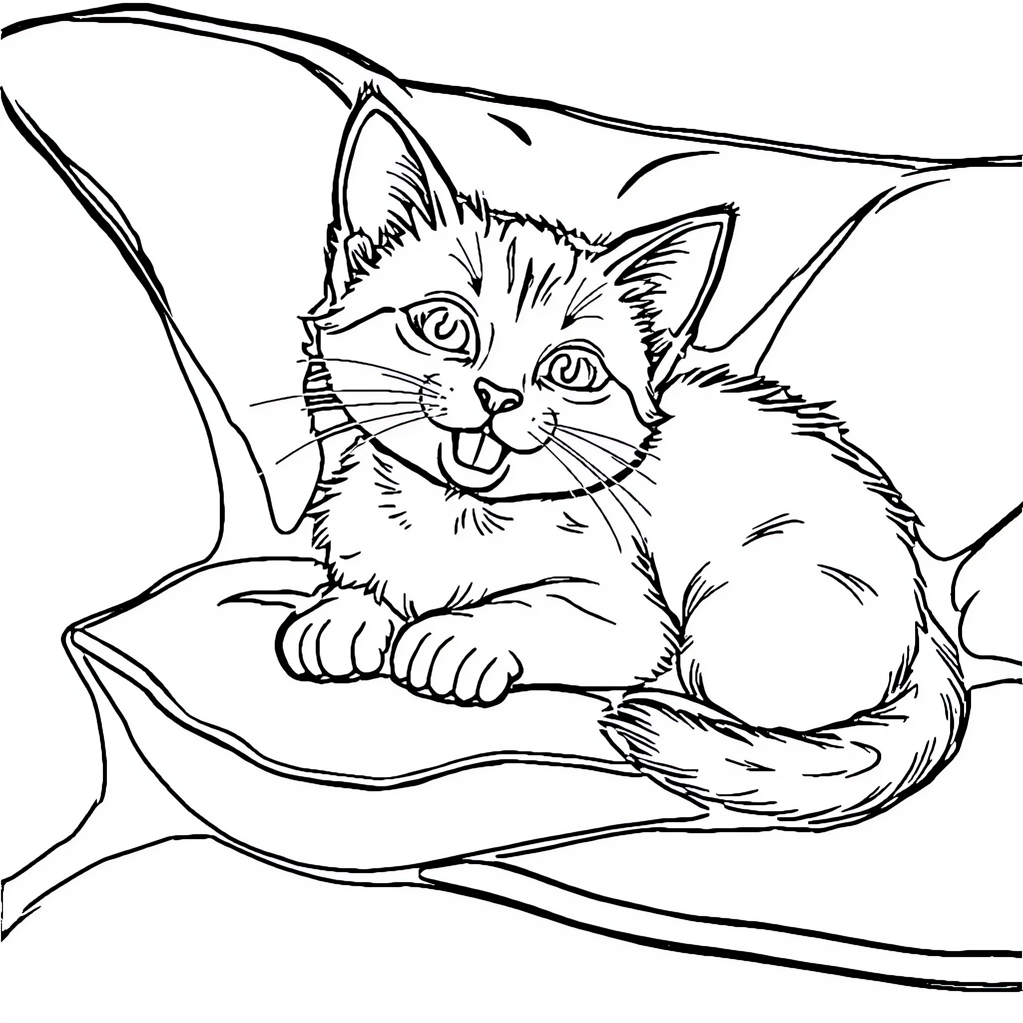Cat enjoying a cozy nap Coloring Page (free black-and-white line drawing printable PDF for all, from beginners to advanced learners, including children, teens, adults, and seniors)