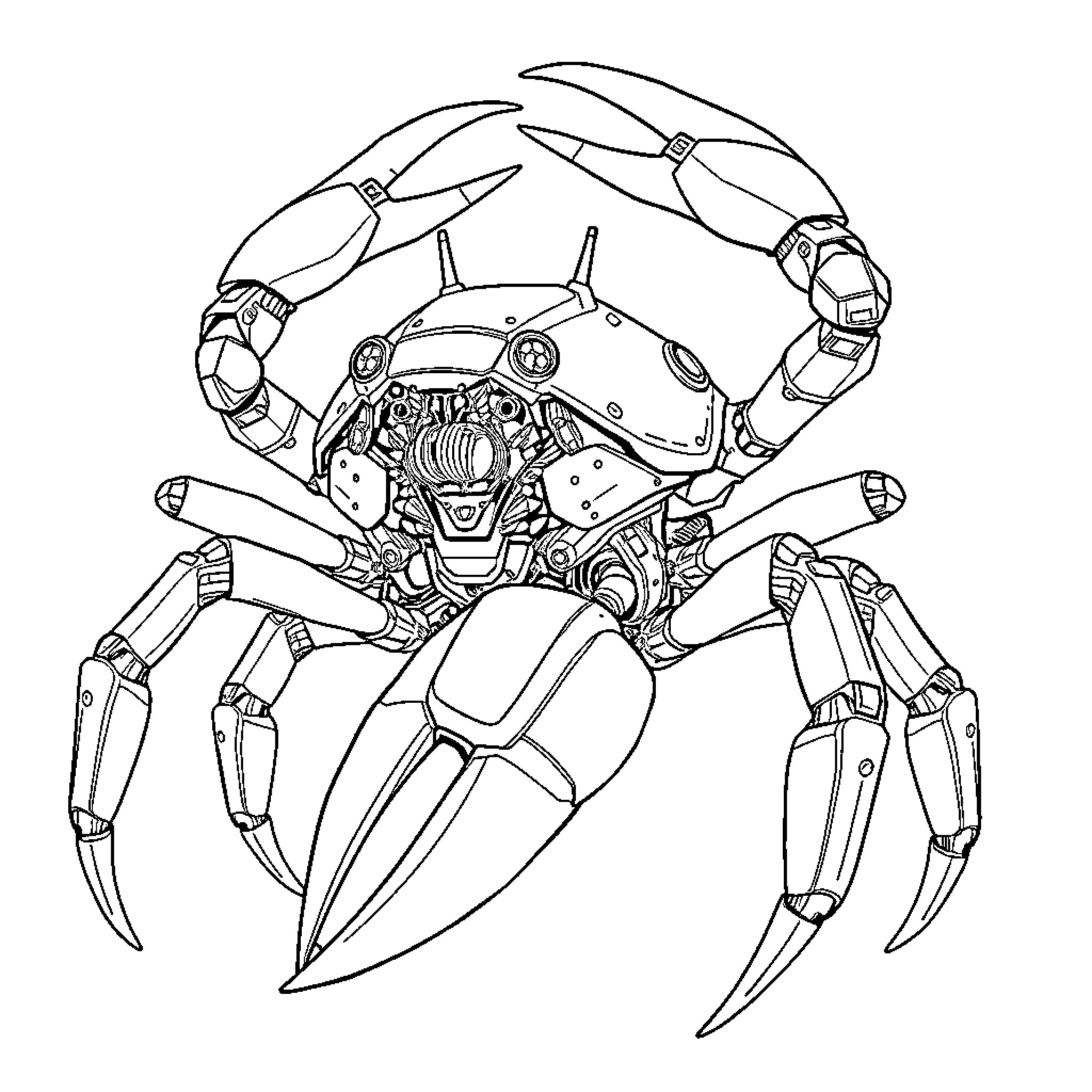 Crab-like Mechanical Robot with Claws Coloring Page (free black-and-white line drawing printable PDF for all, from beginners to advanced learners, including children, teens, adults, and seniors)
