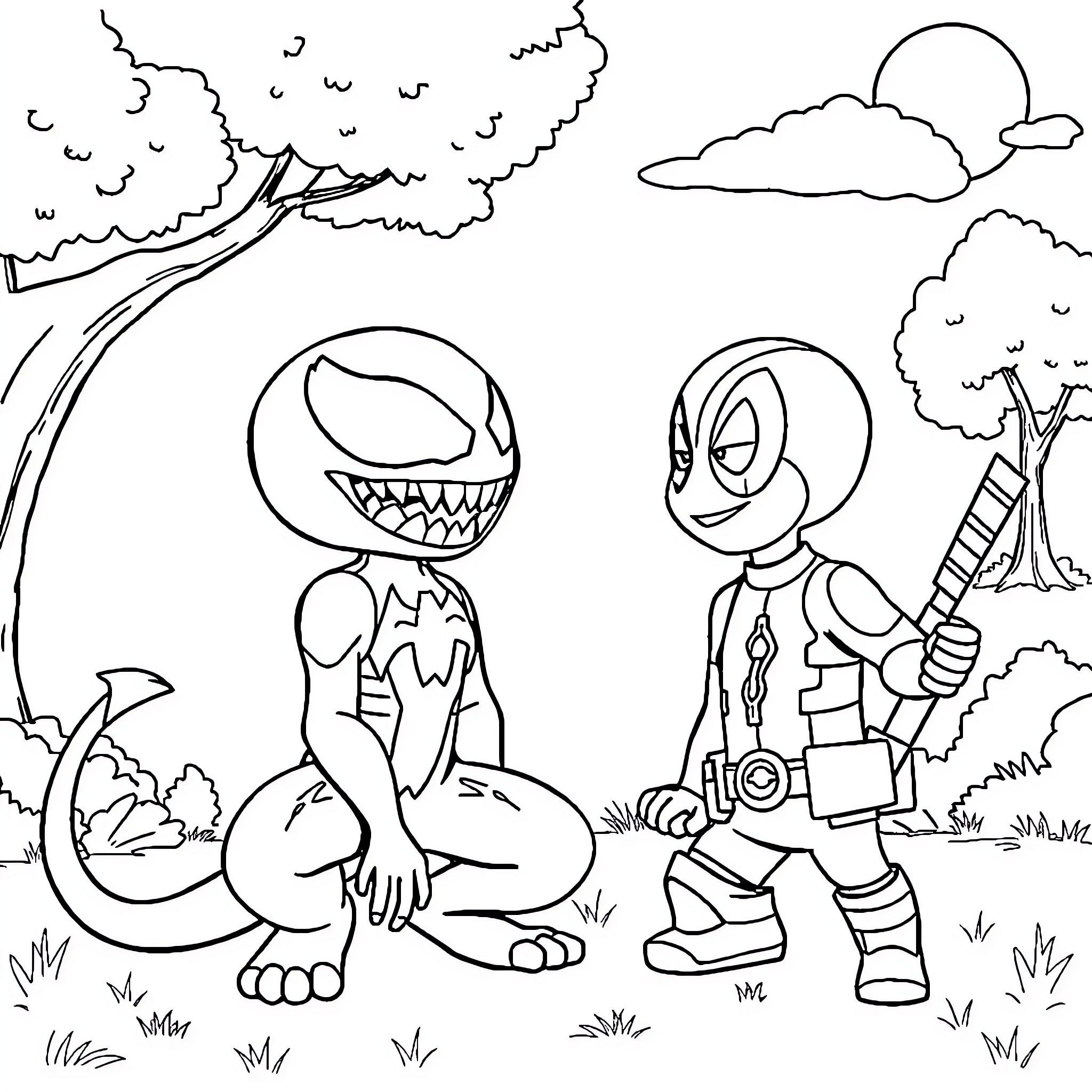 Venom's Encounter with a Mysterious Superhero Coloring Page (free black-and-white line drawing printable PDF for all, from beginners to advanced learners, including children, teens, adults, and seniors)