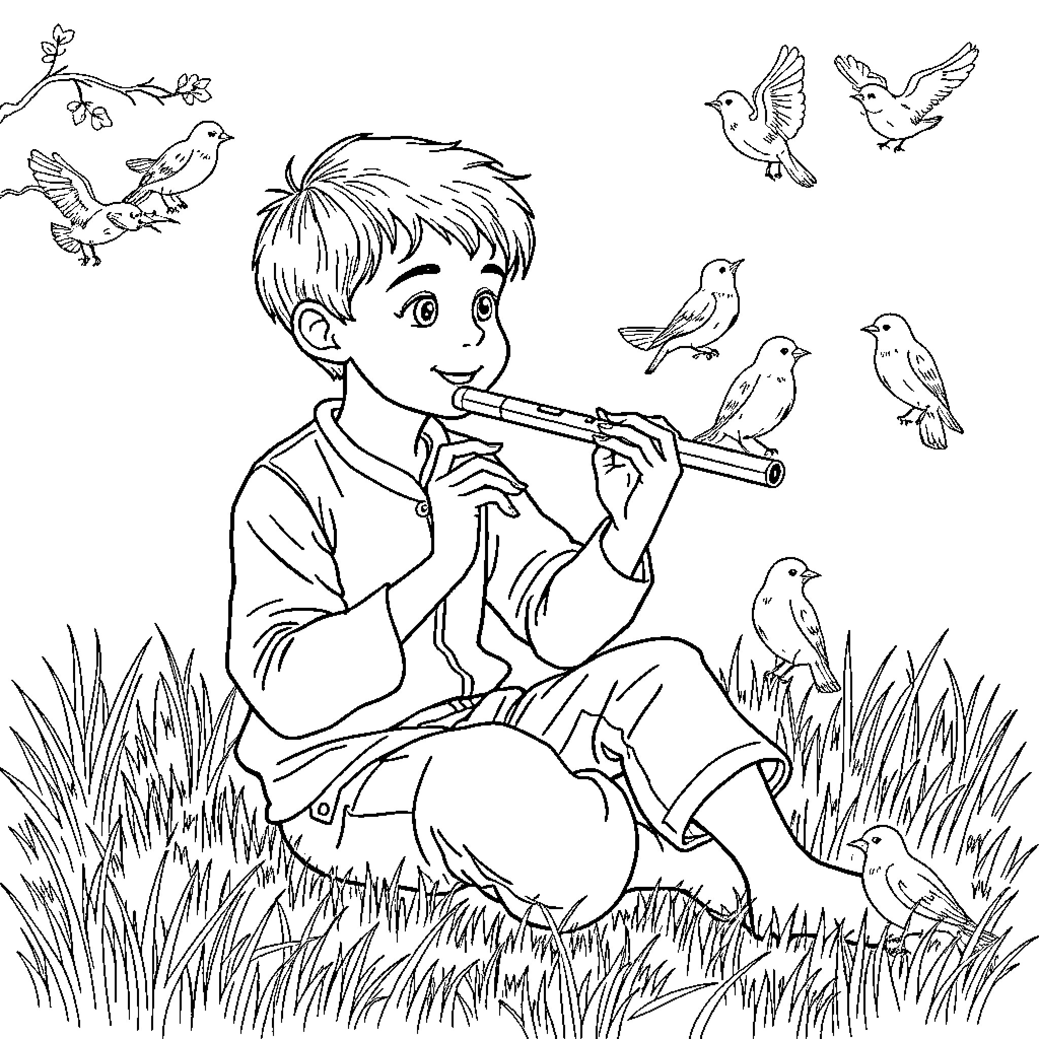 Boy playing flute surrounded by birds in nature Coloring Page (free black-and-white line drawing printable PDF for all, from beginners to advanced learners, including children, teens, adults, and seniors)