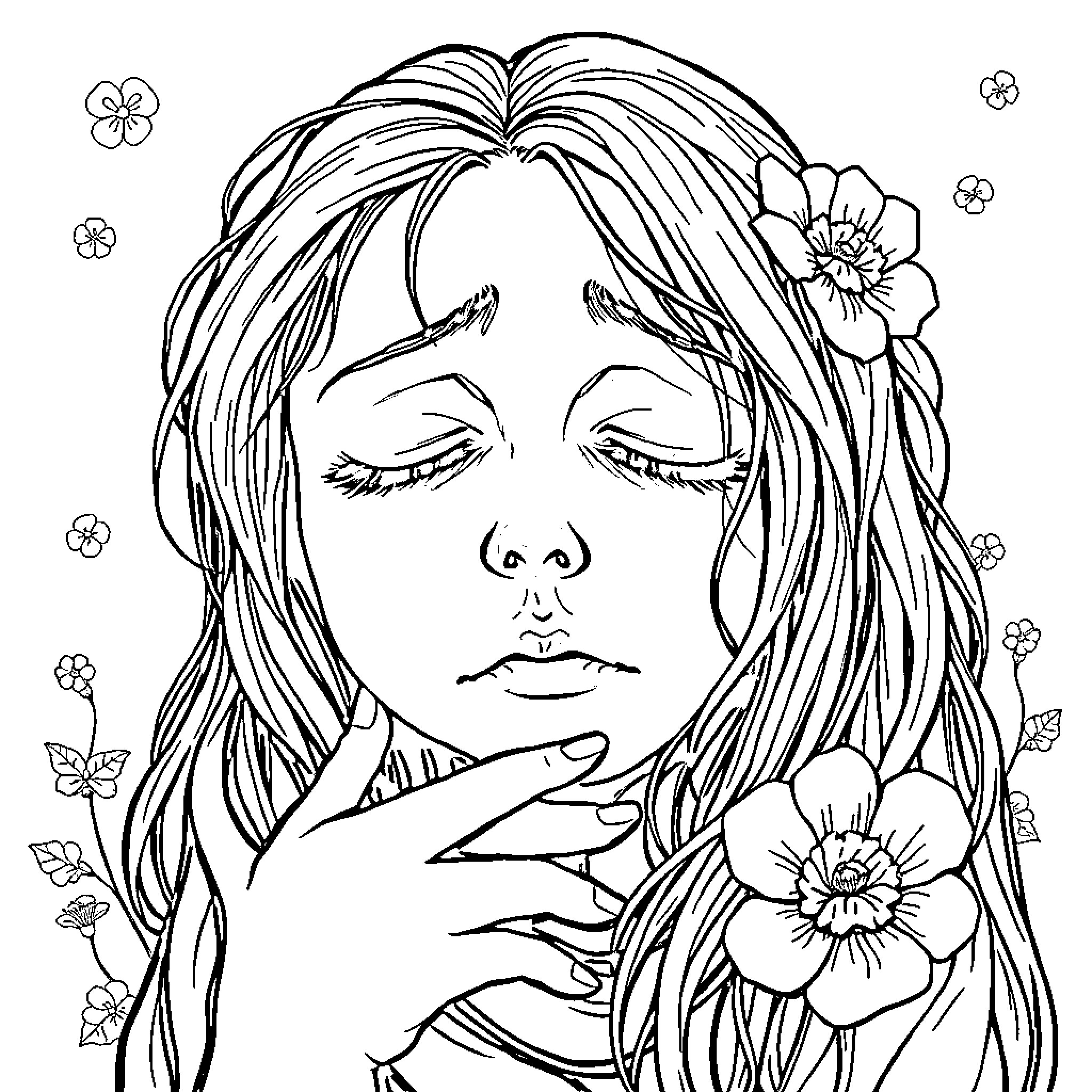 Sadness reflected in a pensive woman's expression Coloring Page (free black-and-white line drawing printable PDF for all, from beginners to advanced learners, including children, teens, adults, and seniors)