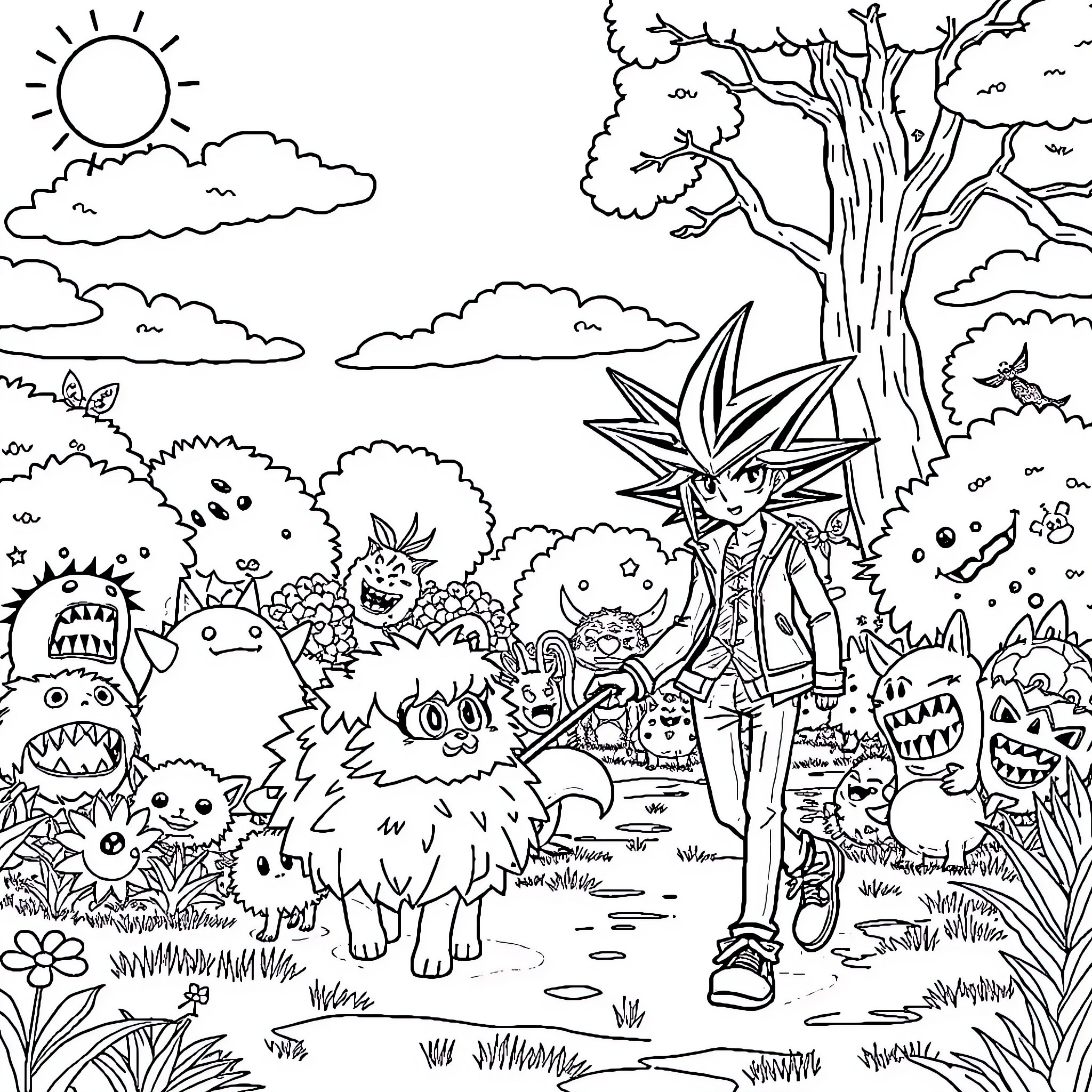 Yugi's Fantastical Adventure in the Enchanted Forest Coloring Page (free black-and-white line drawing printable PDF for all, from beginners to advanced learners, including children, teens, adults, and seniors)