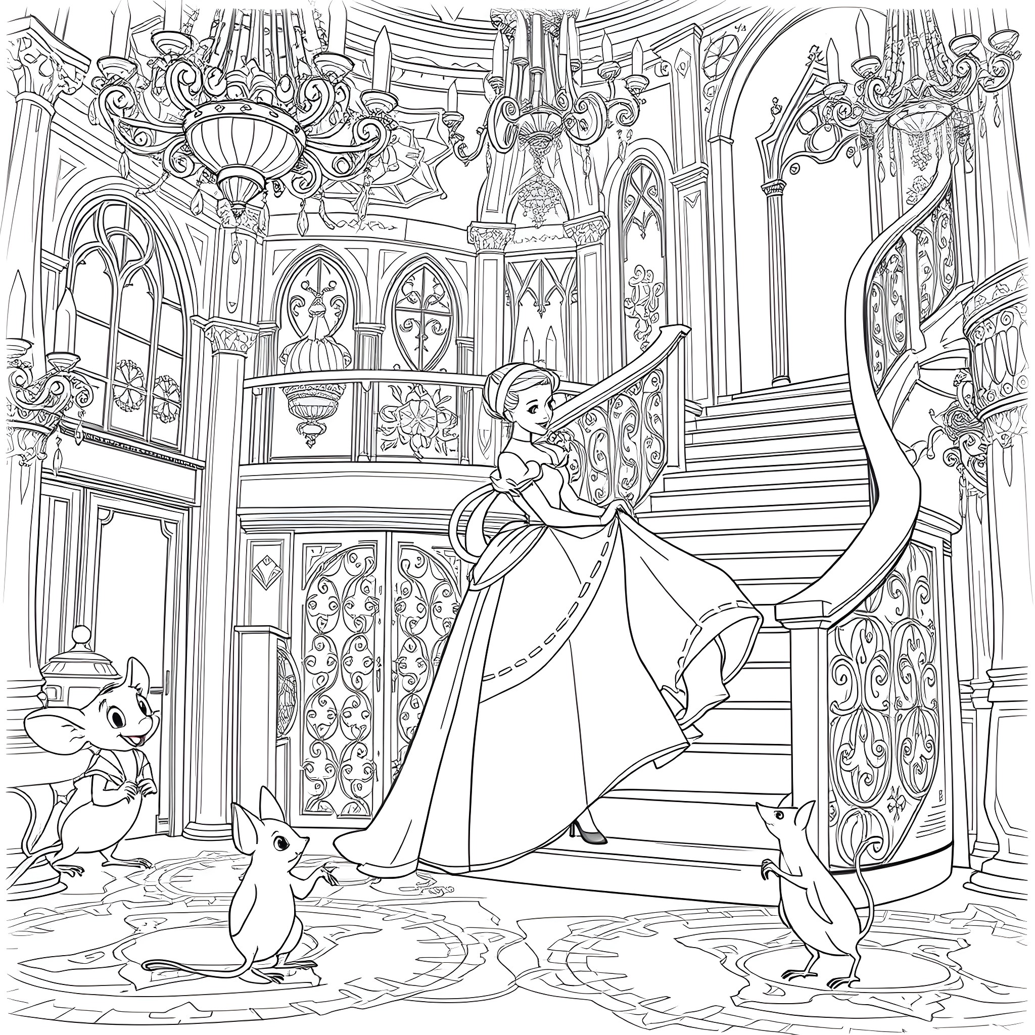 Cinderella's Enchanting Transformation in the Castle Coloring Page (free black-and-white line drawing printable PDF for all, from beginners to advanced learners, including children, teens, adults, and seniors)