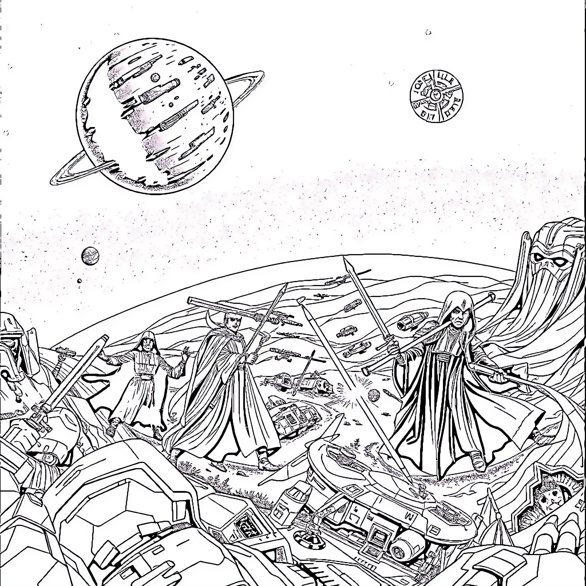 Star Wars epic battle in a galactic landscape Coloring Page (free black-and-white line drawing printable PDF for all, from beginners to advanced learners, including children, teens, adults, and seniors)