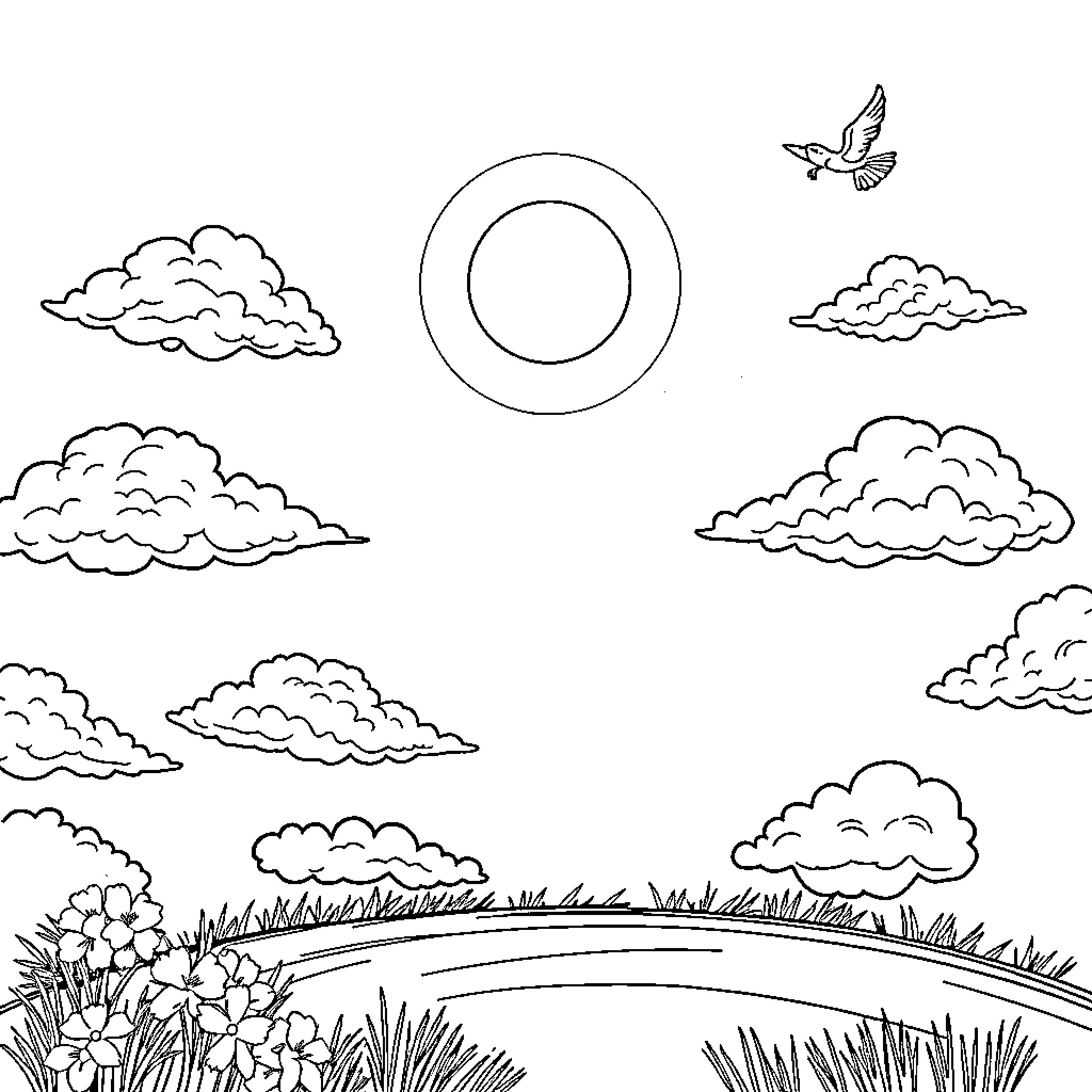Sun shining brightly in the cloudy sky Coloring Page (free black-and-white line drawing printable PDF for all, from beginners to advanced learners, including children, teens, adults, and seniors)
