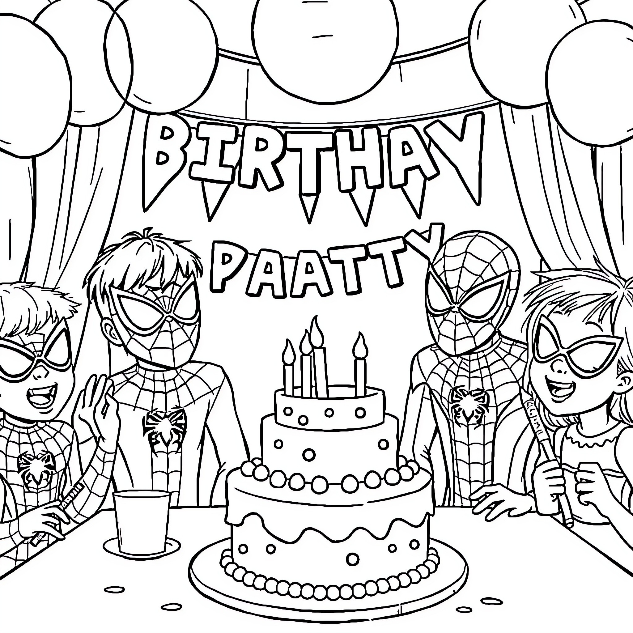Spiderman Birthday Party with Cake and Balloons Coloring Page (free black-and-white line drawing printable PDF for all, from beginners to advanced learners, including children, teens, adults, and seniors)