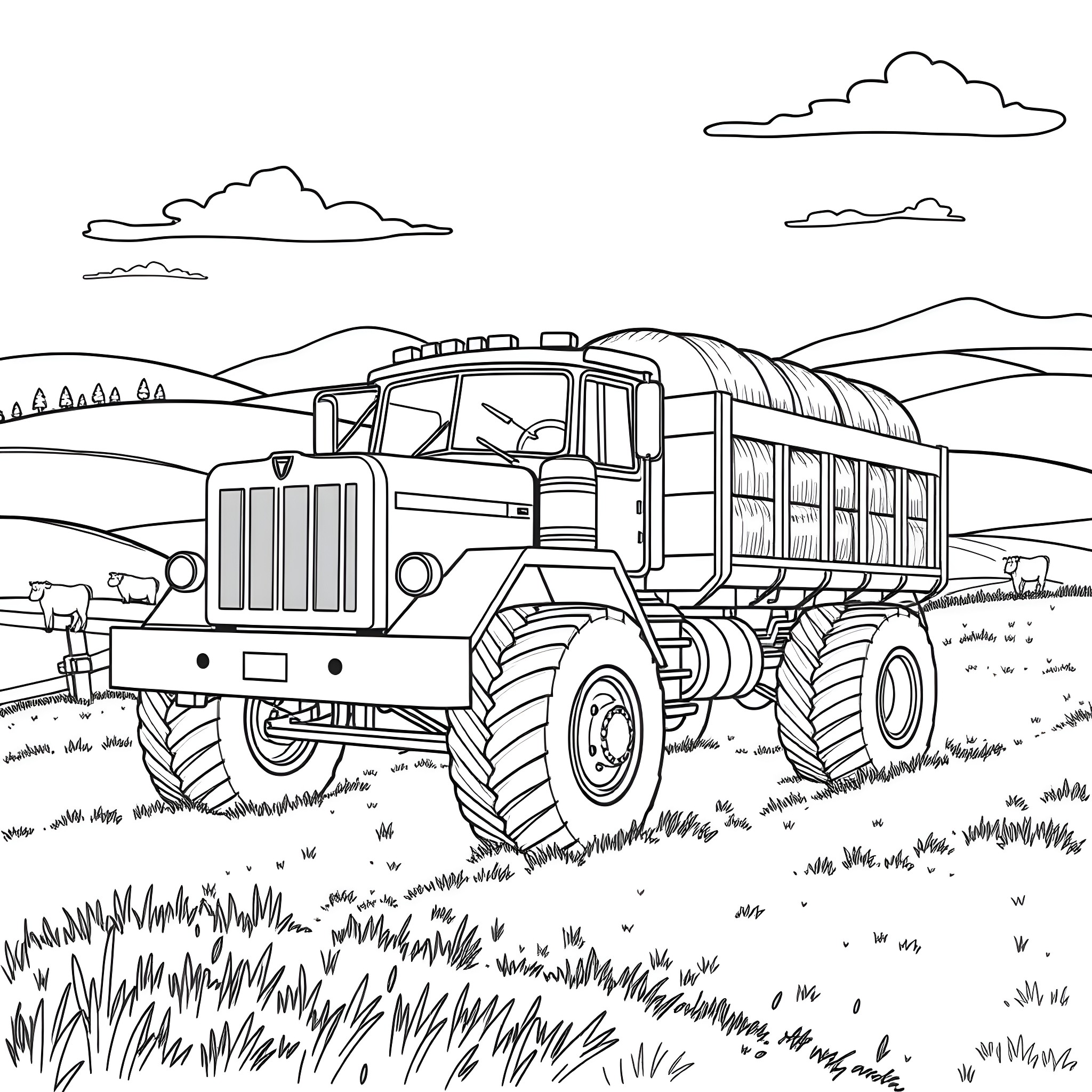 Farm Truck Transporting Goods in Rural Landscape Coloring Page (free black-and-white line drawing printable PDF for all, from beginners to advanced learners, including children, teens, adults, and seniors)