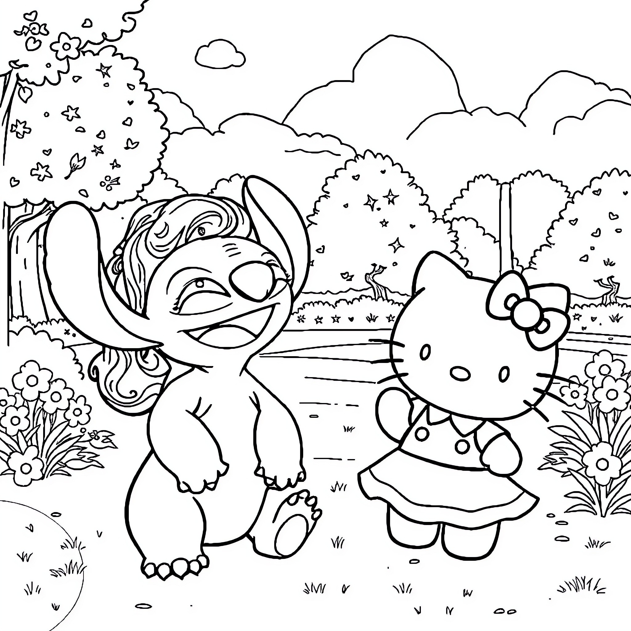Lilo and Hello Kitty exploring the enchanted forest Coloring Page (free black-and-white line drawing printable PDF for all, from beginners to advanced learners, including children, teens, adults, and seniors)