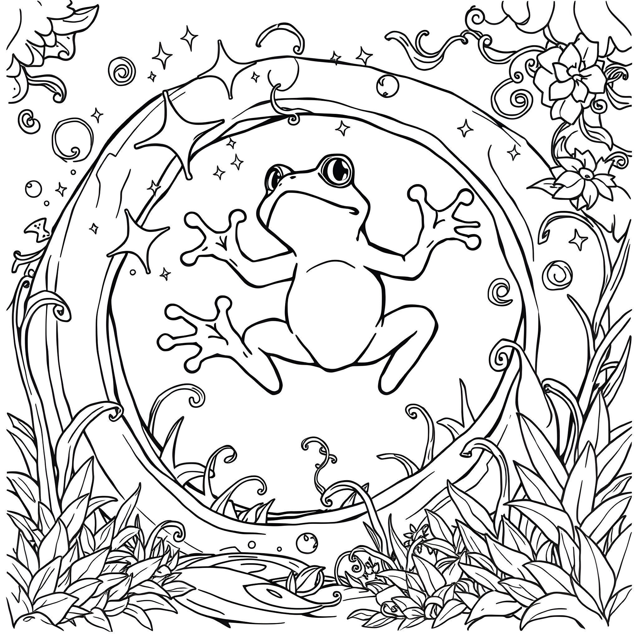 Frog leaping joyfully amid whimsical flora Coloring Page (free black-and-white line drawing printable PDF for all, from beginners to advanced learners, including children, teens, adults, and seniors)