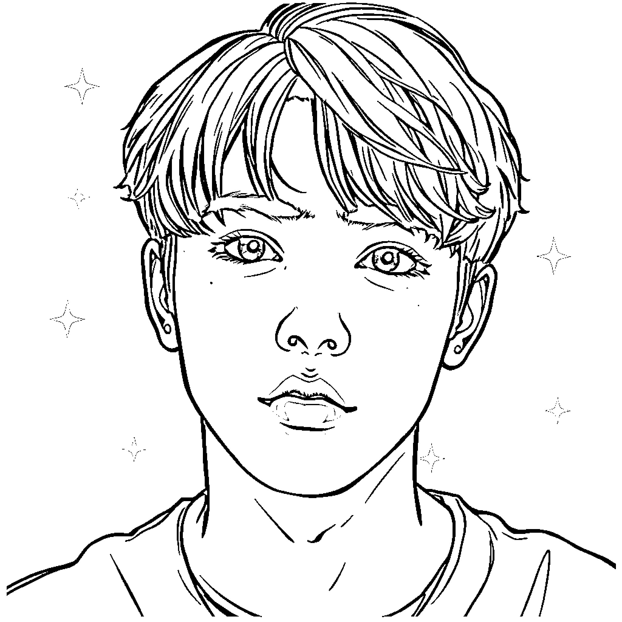 Taehyung's thoughtful expression with messy hair Coloring Page (free black-and-white line drawing printable PDF for all, from beginners to advanced learners, including children, teens, adults, and seniors)