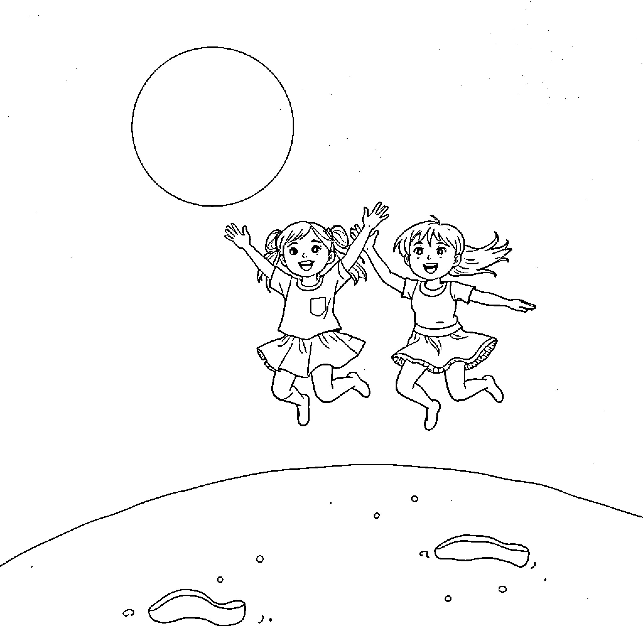 Children playing happily in the field Coloring Page (free black-and-white line drawing printable PDF for all, from beginners to advanced learners, including children, teens, adults, and seniors)