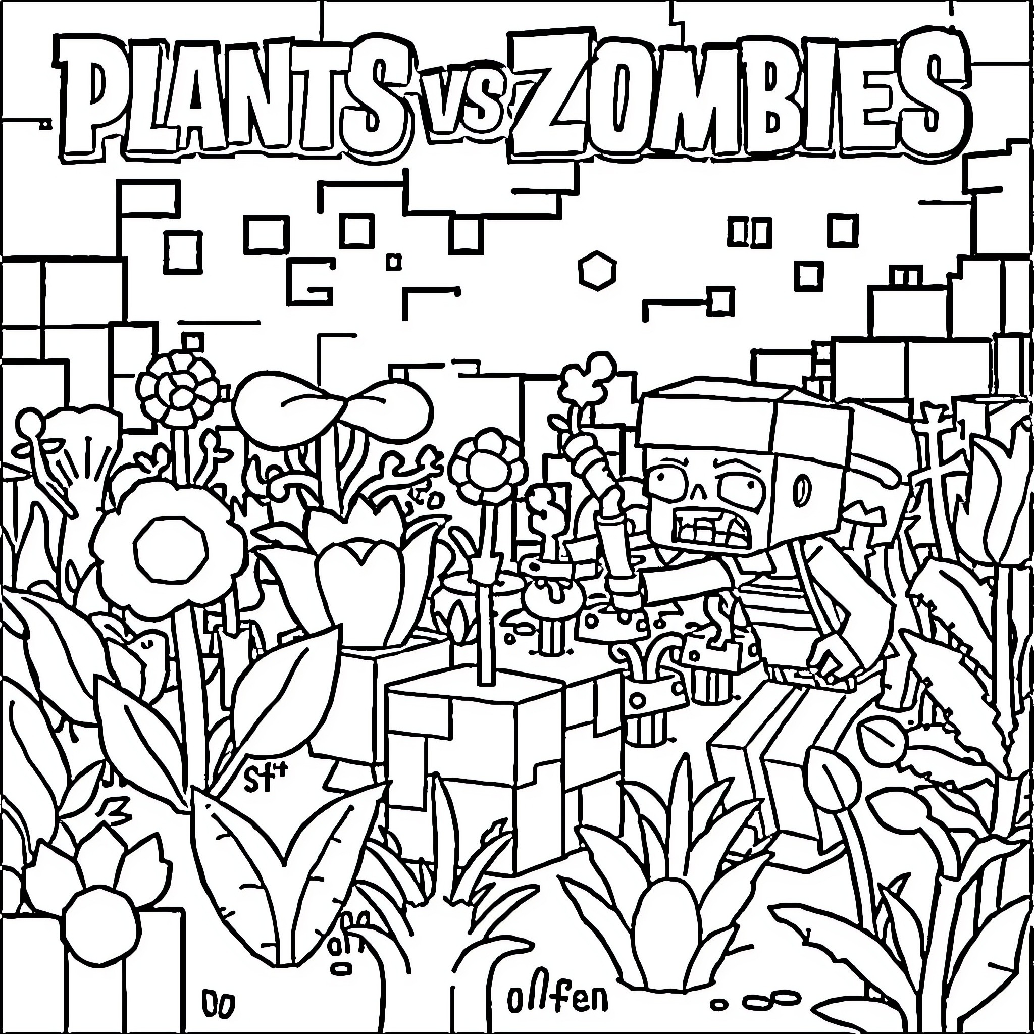 Plants vs. Zombies: Chaotic Battle in a Vibrant Garden Coloring Page (free black-and-white line drawing printable PDF for all, from beginners to advanced learners, including children, teens, adults, and seniors)