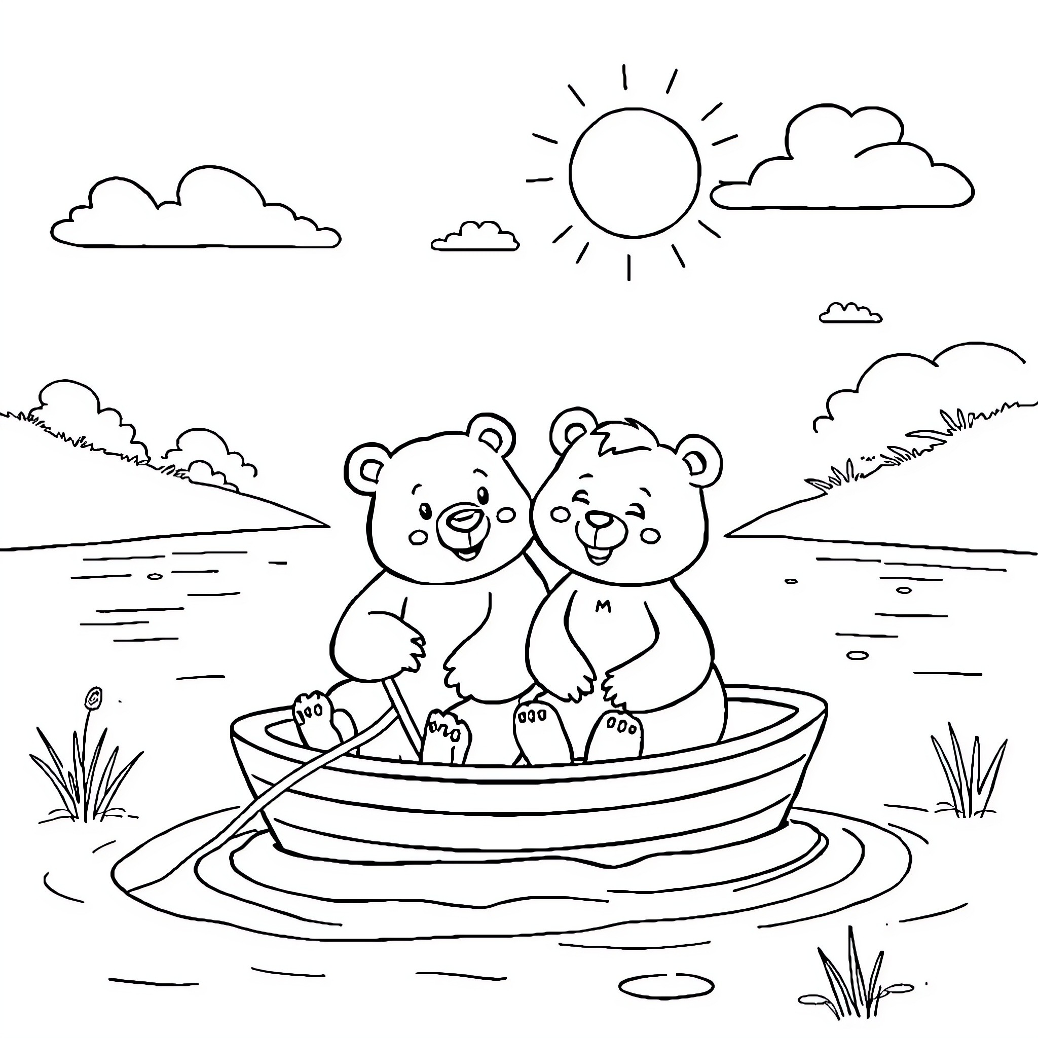 Masha's bear friends paddling in the boat Coloring Page (free black-and-white line drawing printable PDF for all, from beginners to advanced learners, including children, teens, adults, and seniors)