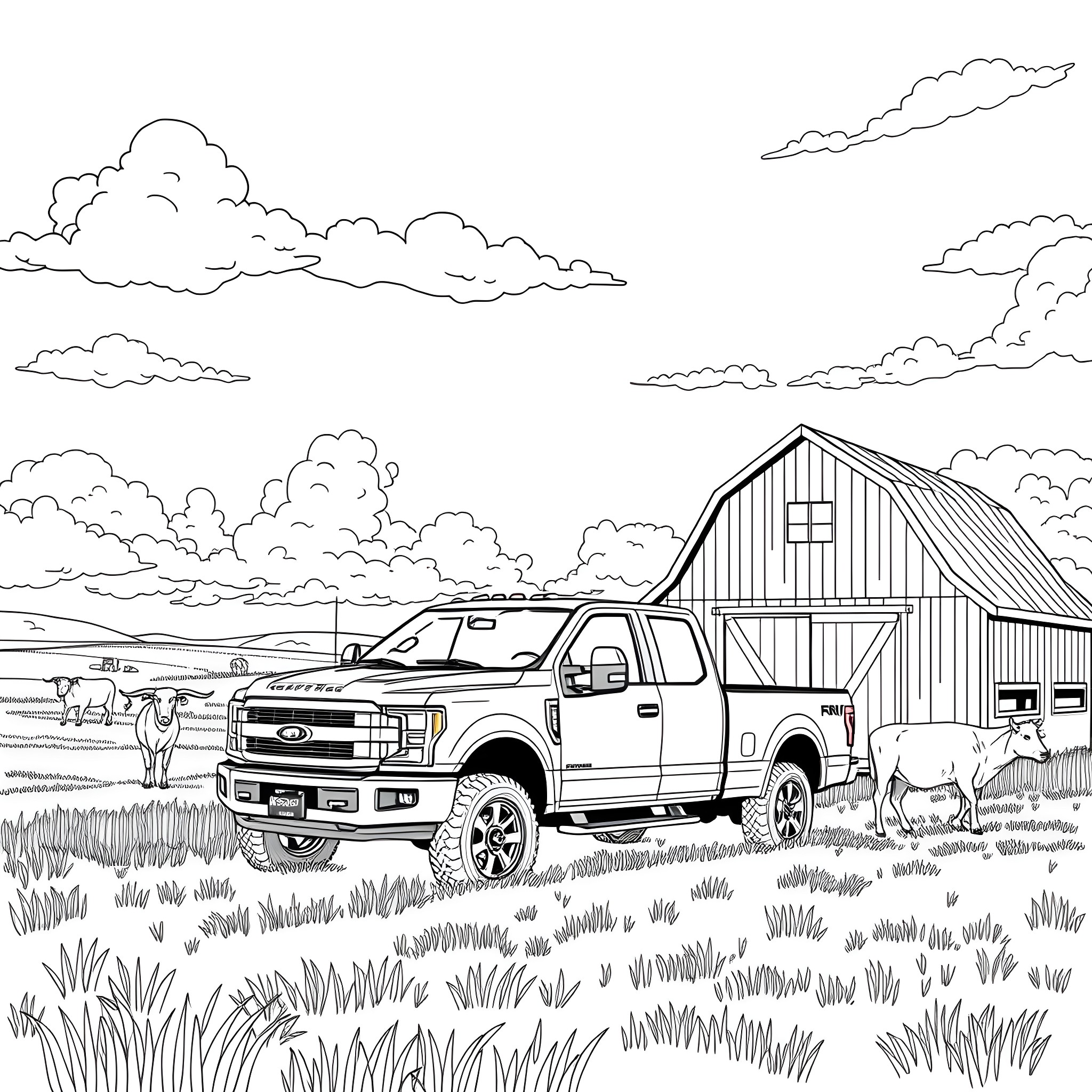 Pickup Truck in Rural Farmland with Barn Coloring Page (free black-and-white line drawing printable PDF for all, from beginners to advanced learners, including children, teens, adults, and seniors)