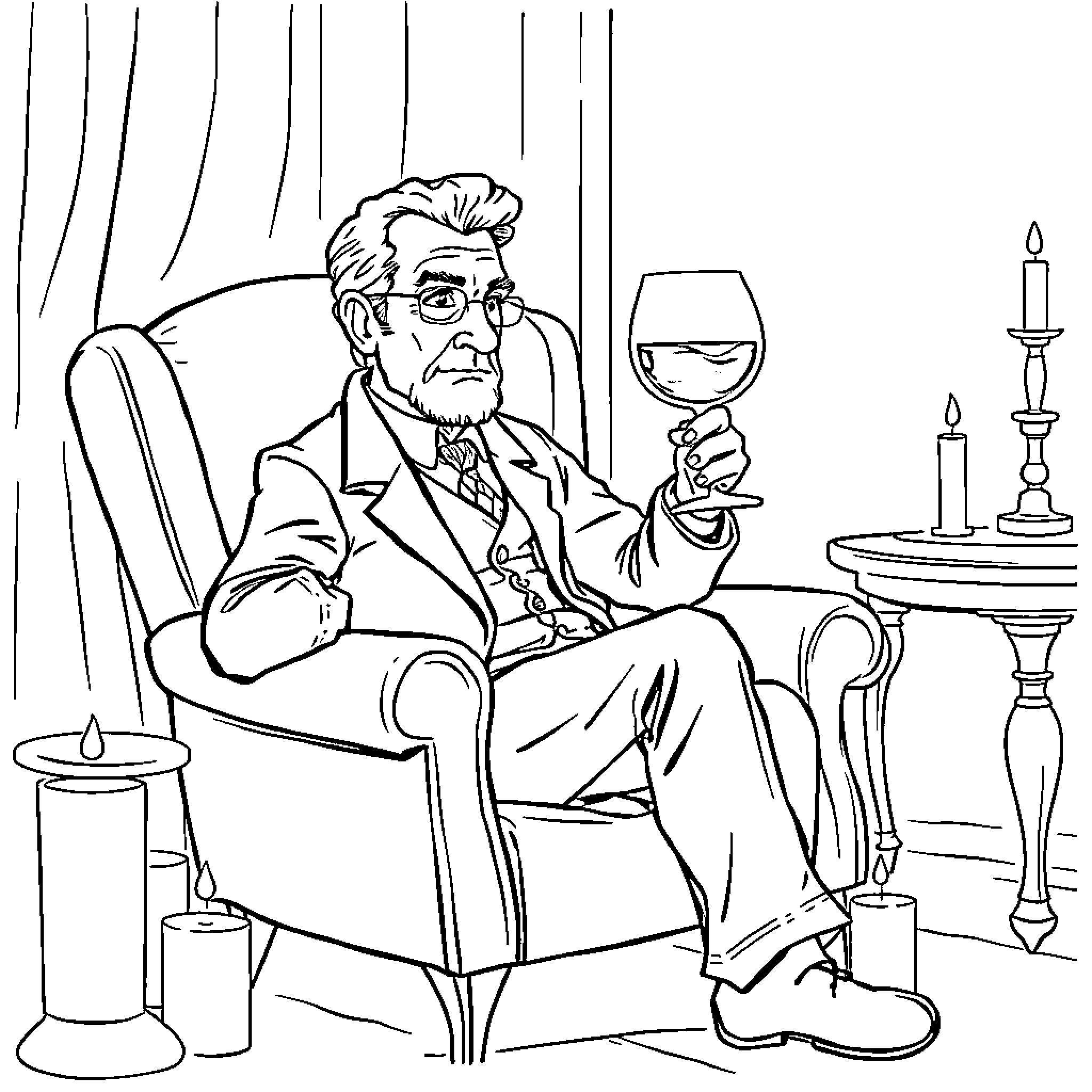 Teomondo Scrofalo enjoying fine wine by candlelight Coloring Page (free black-and-white line drawing printable PDF for all, from beginners to advanced learners, including children, teens, adults, and seniors)